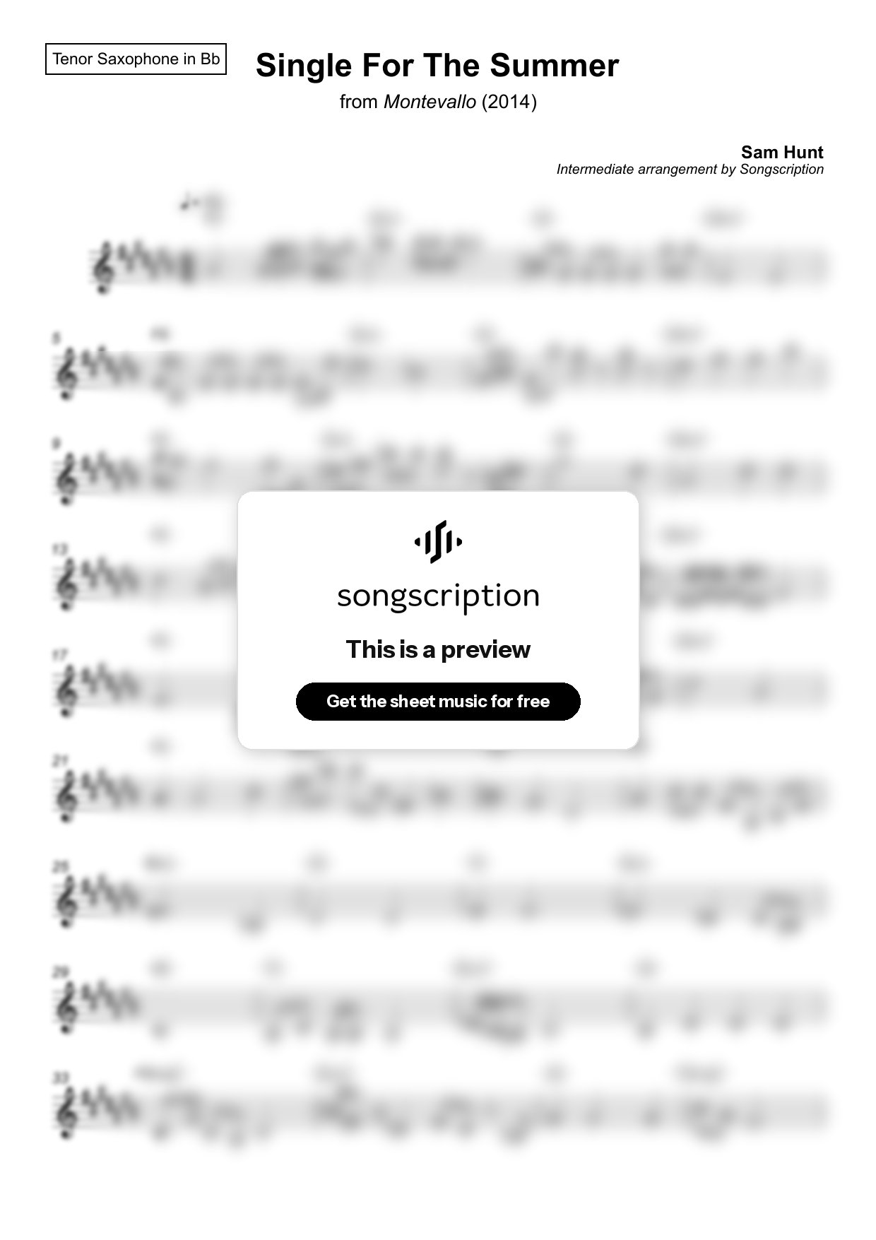 Intermediate Tenor Sax Sheet Music for "Single For The Summer" by Sam Hunt