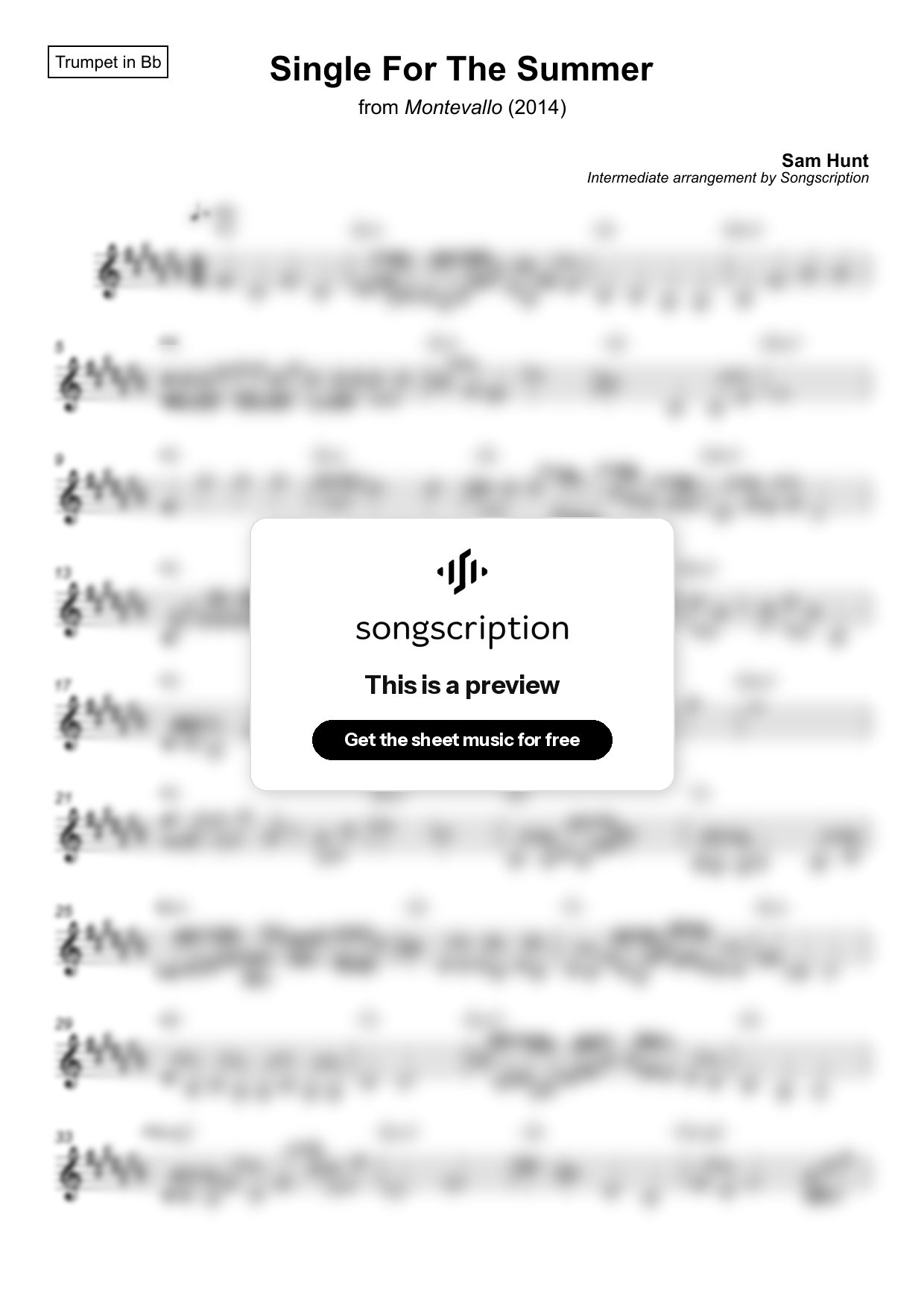 Intermediate Trumpet Sheet Music for "Single For The Summer" by Sam Hunt