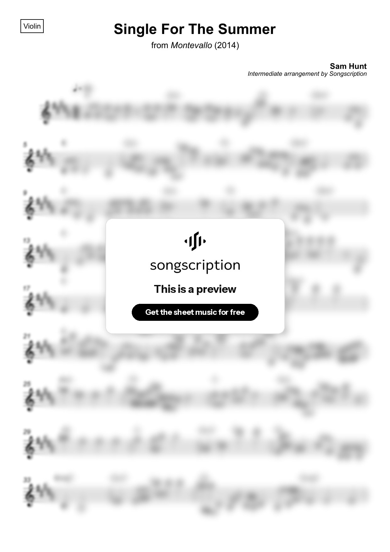 Intermediate Violin Sheet Music for "Single For The Summer" by Sam Hunt