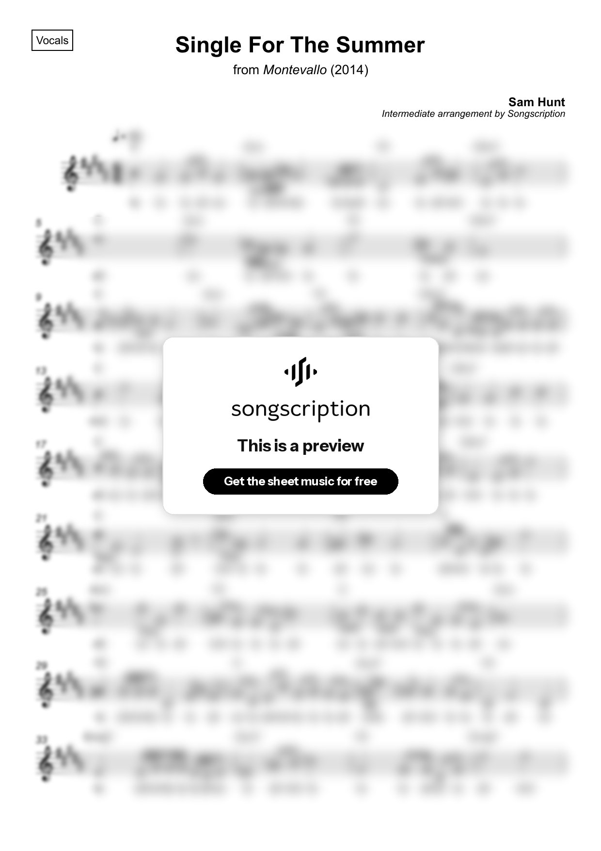 Intermediate Vocals Sheet Music for "Single For The Summer" by Sam Hunt
