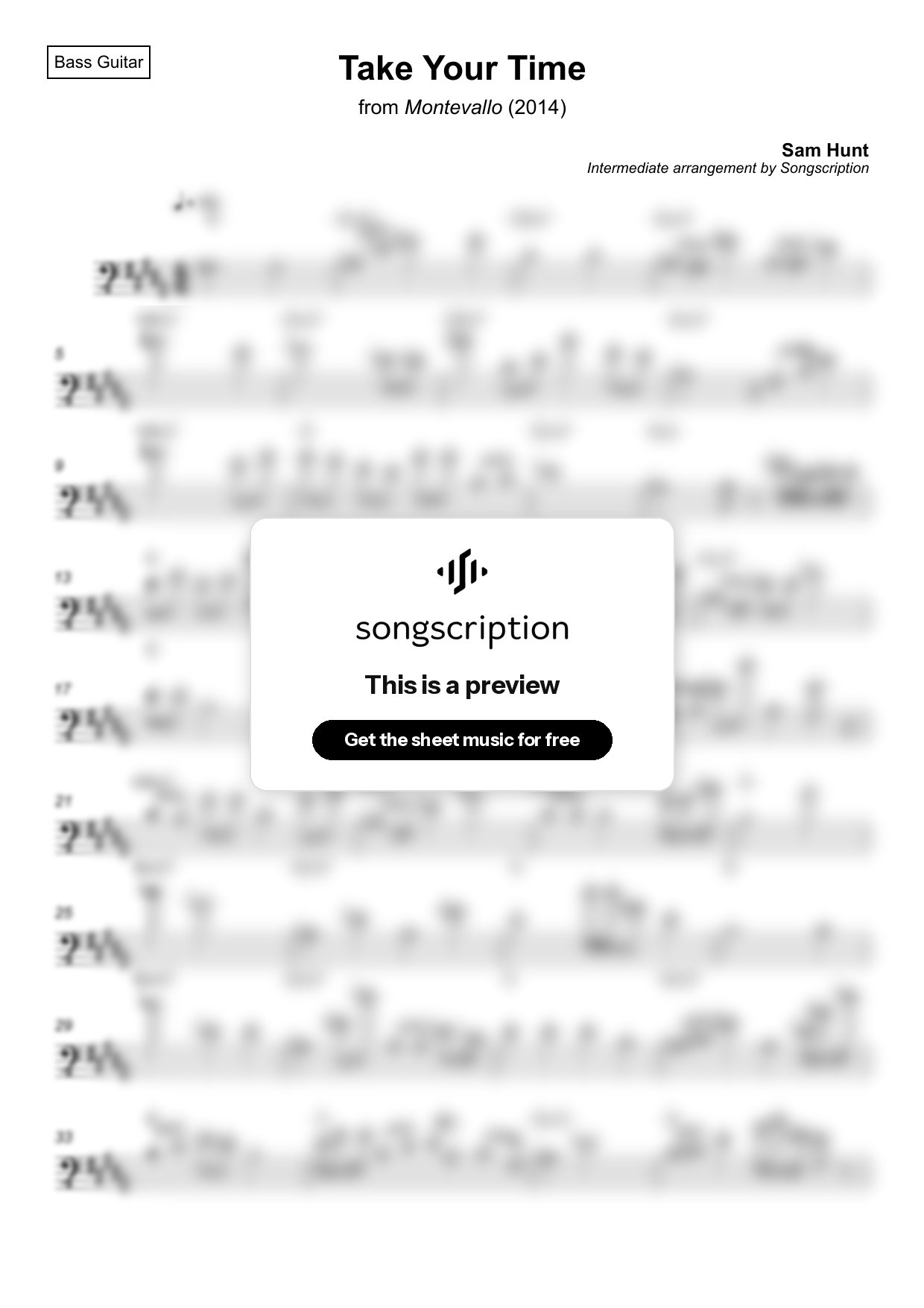 Intermediate Bass Guitar Sheet Music for "Take Your Time" by Sam Hunt