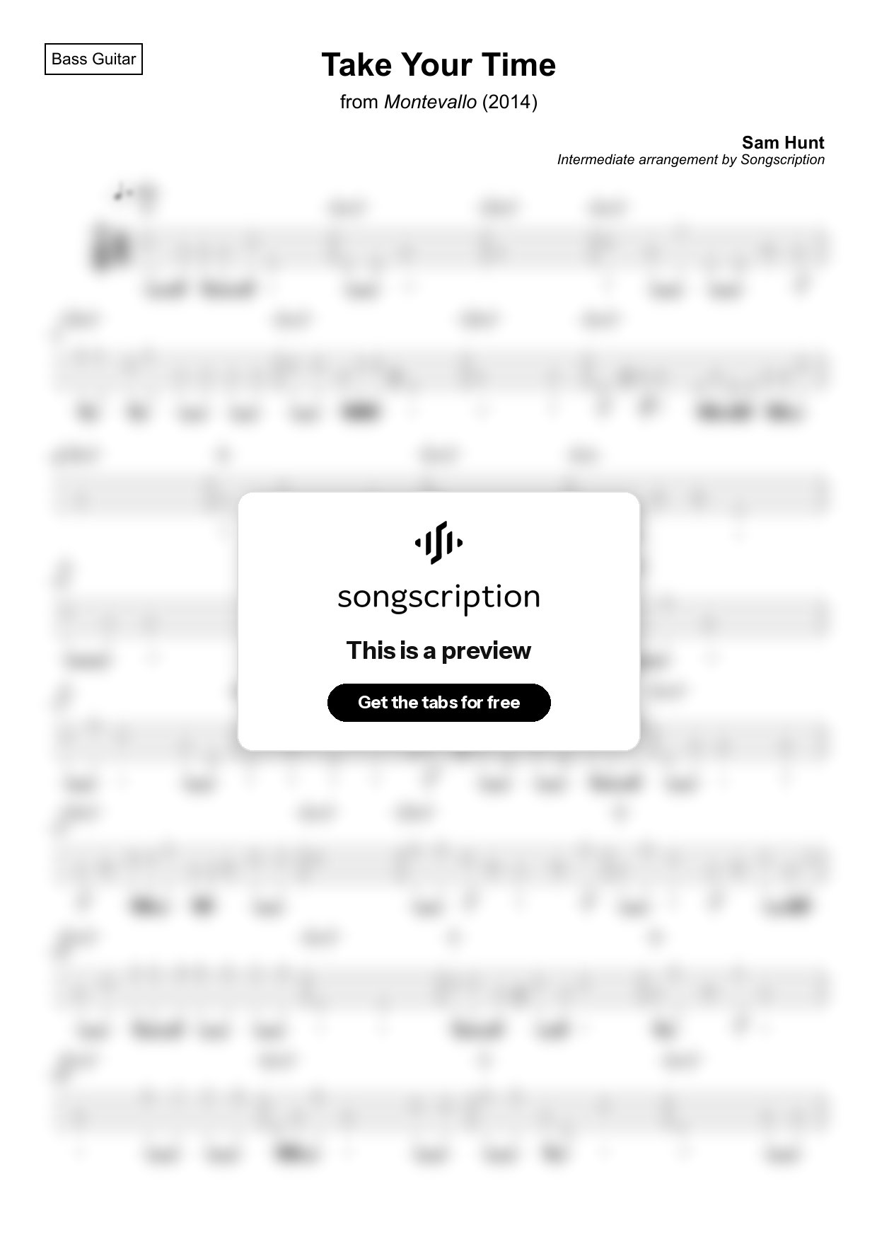 Intermediate Bass Guitar Tabs for "Take Your Time" by Sam Hunt