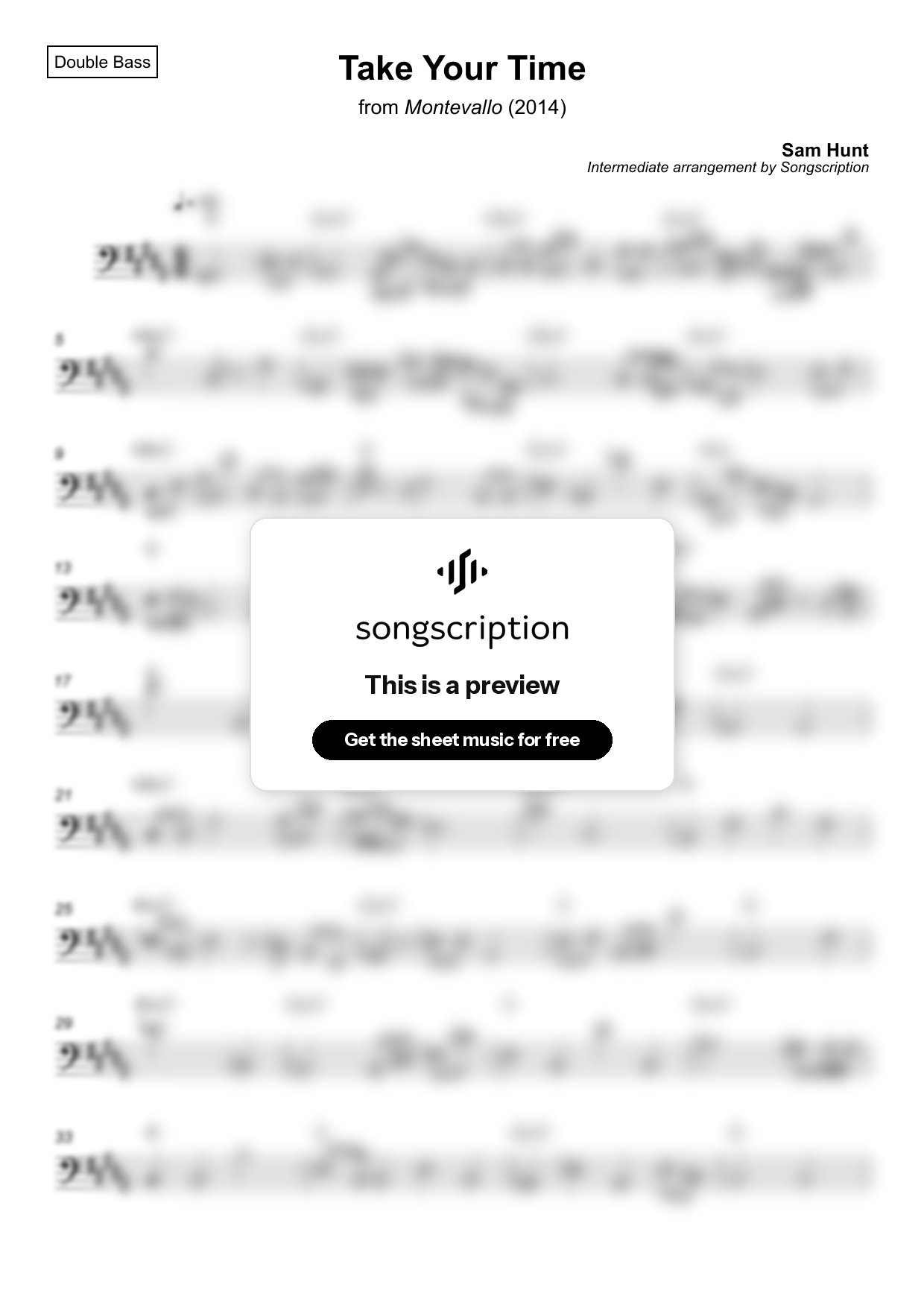 Intermediate Double Bass Sheet Music for "Take Your Time" by Sam Hunt