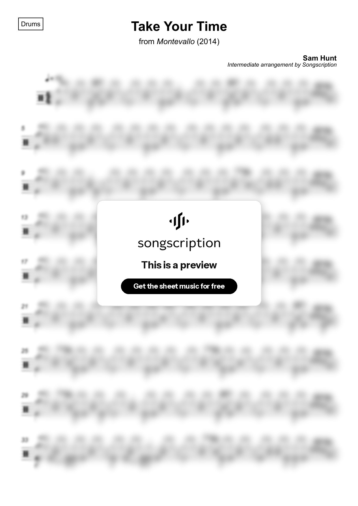 Intermediate Drums Sheet Music for "Take Your Time" by Sam Hunt