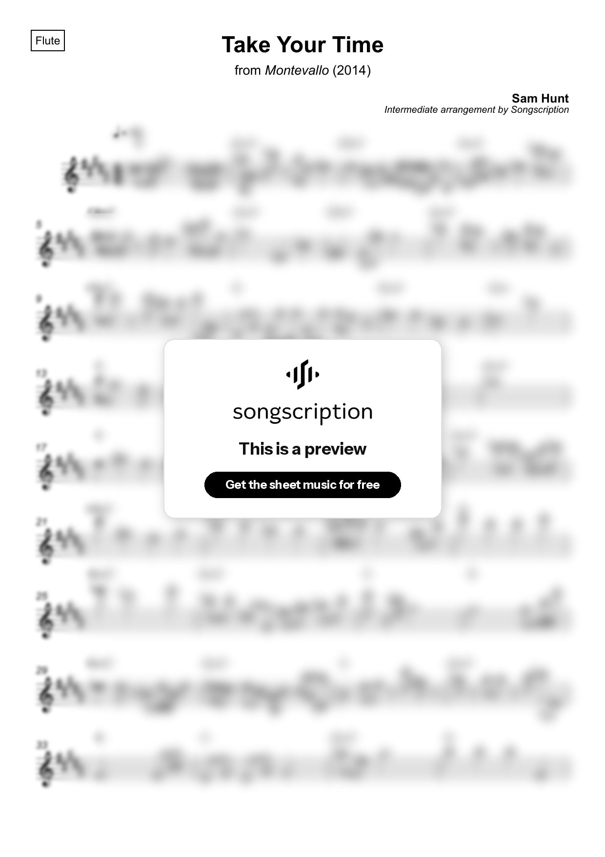 Intermediate Flute Sheet Music for "Take Your Time" by Sam Hunt