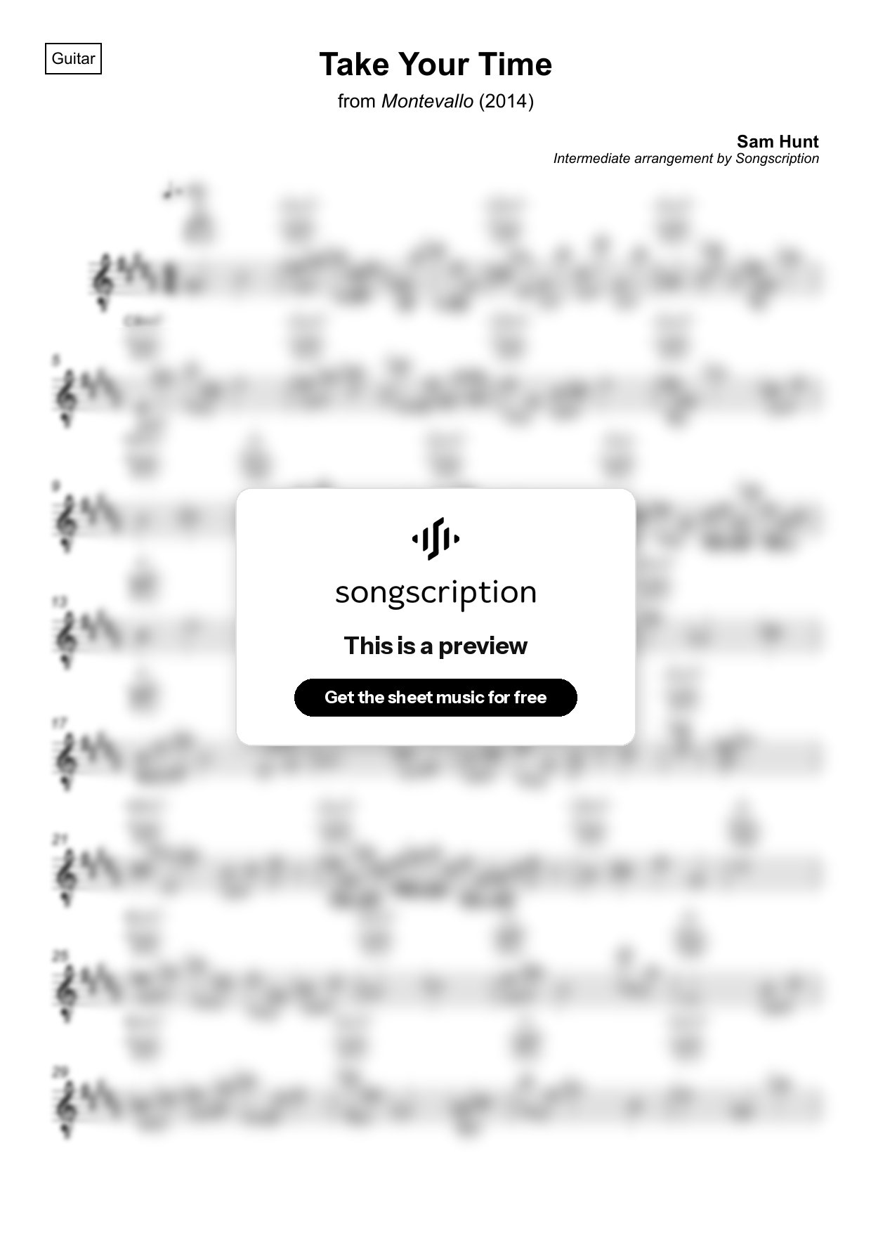 Intermediate Acoustic Guitar Sheet Music for "Take Your Time" by Sam Hunt