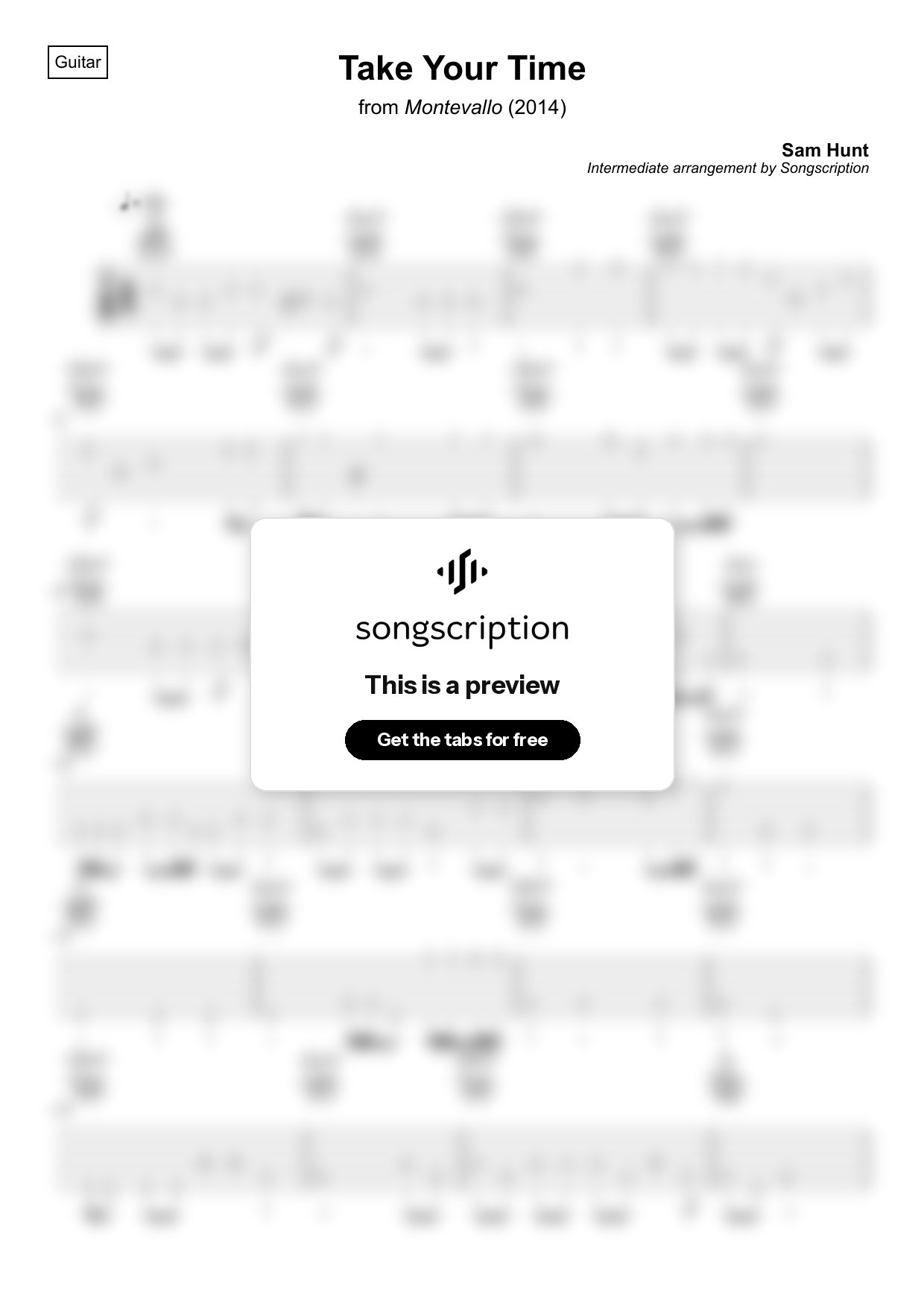 Intermediate Acoustic Guitar Tabs for "Take Your Time" by Sam Hunt