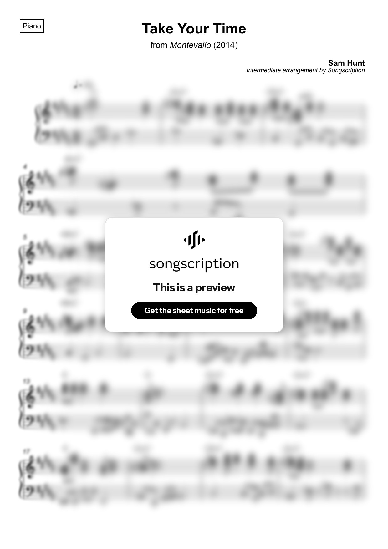 Intermediate Piano Sheet Music for "Take Your Time" by Sam Hunt