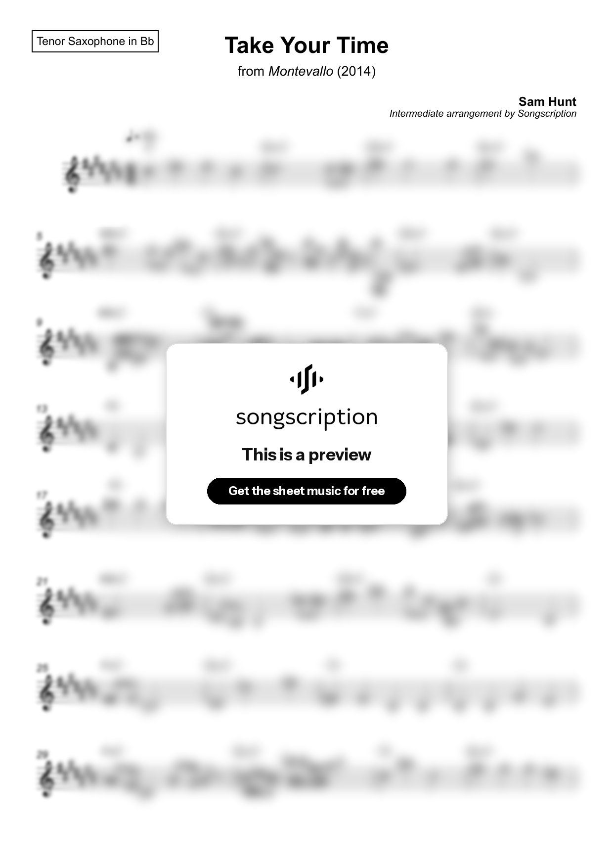 Intermediate Tenor Sax Sheet Music for "Take Your Time" by Sam Hunt