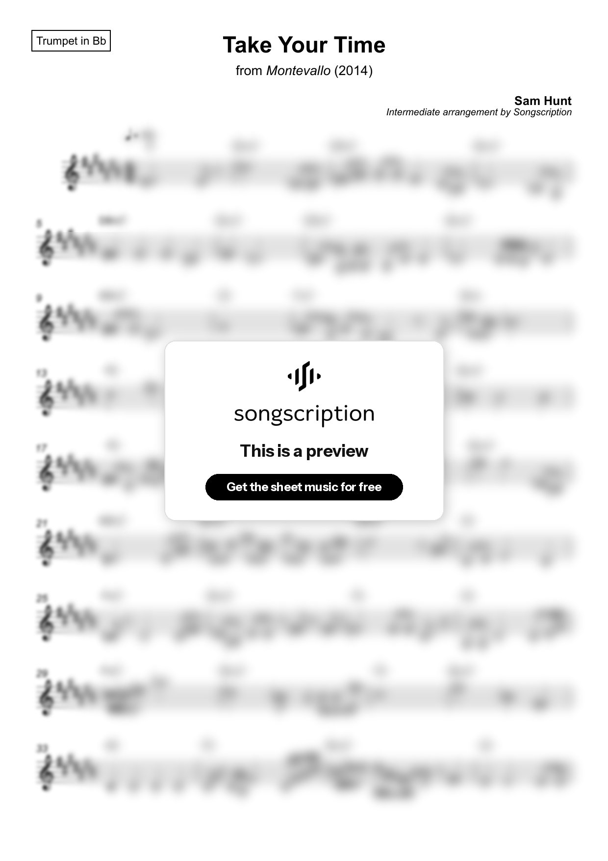 Intermediate Trumpet Sheet Music for "Take Your Time" by Sam Hunt