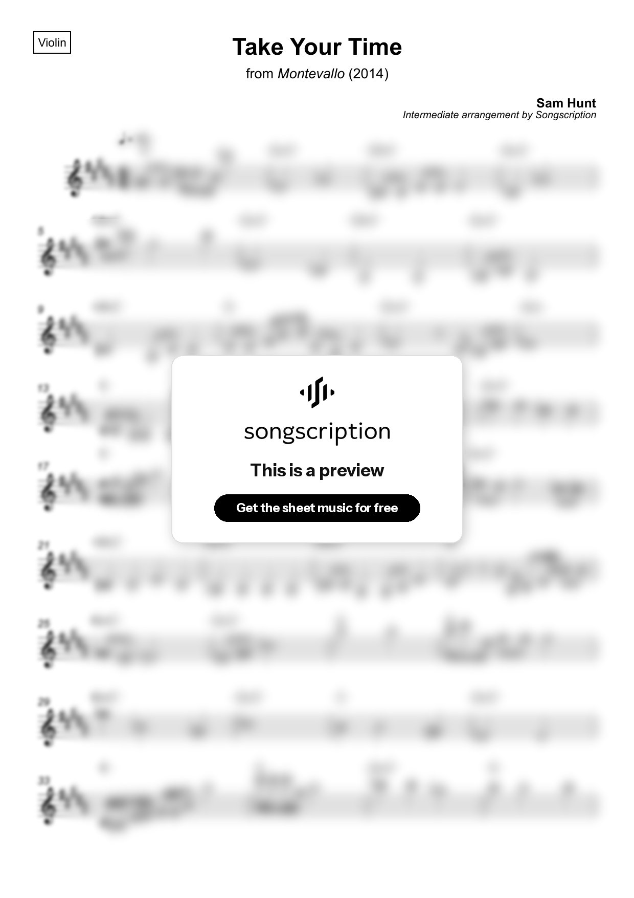 Intermediate Violin Sheet Music for "Take Your Time" by Sam Hunt