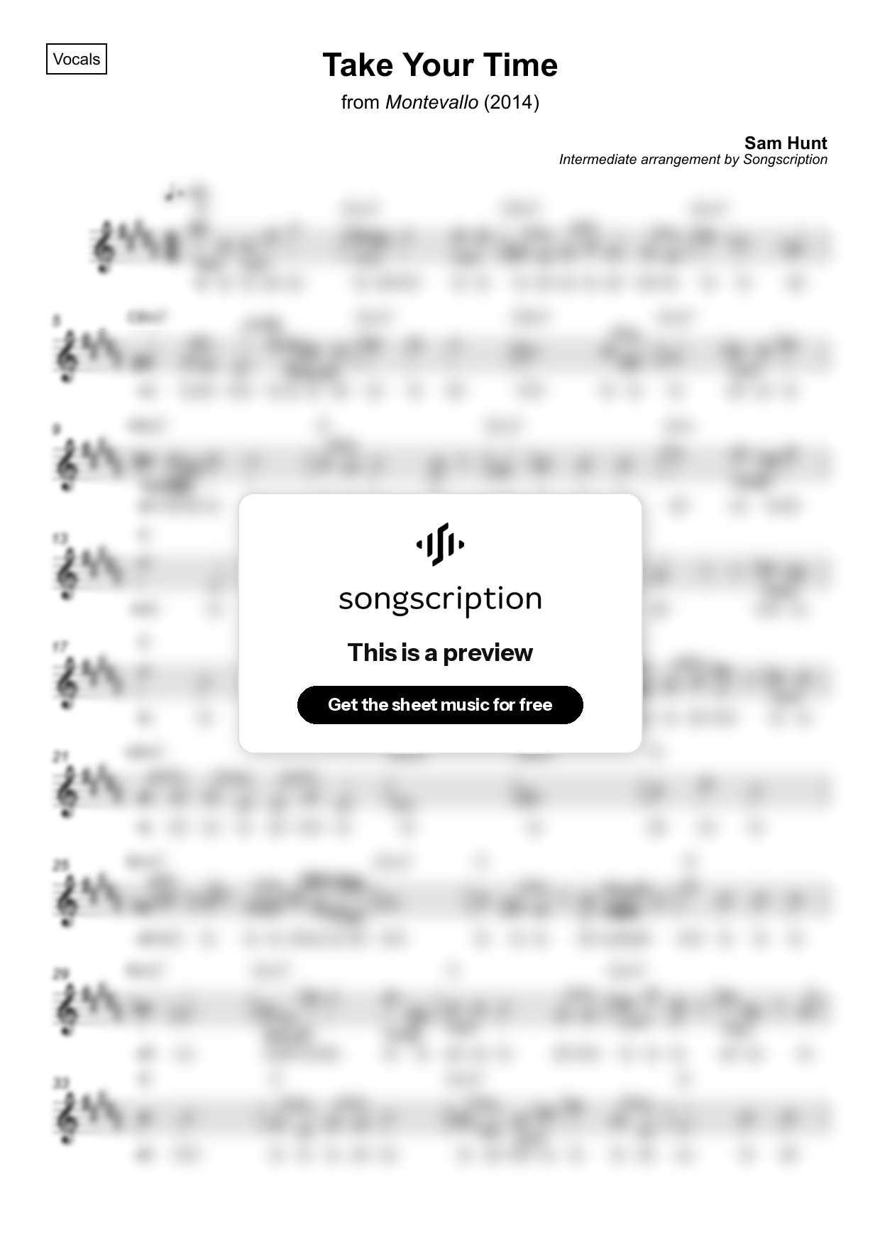 Intermediate Vocals Sheet Music for "Take Your Time" by Sam Hunt