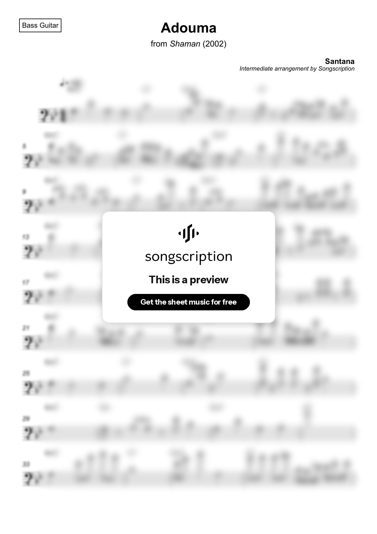 Intermediate Bass Guitar Sheet Music for "Adouma" by Santana