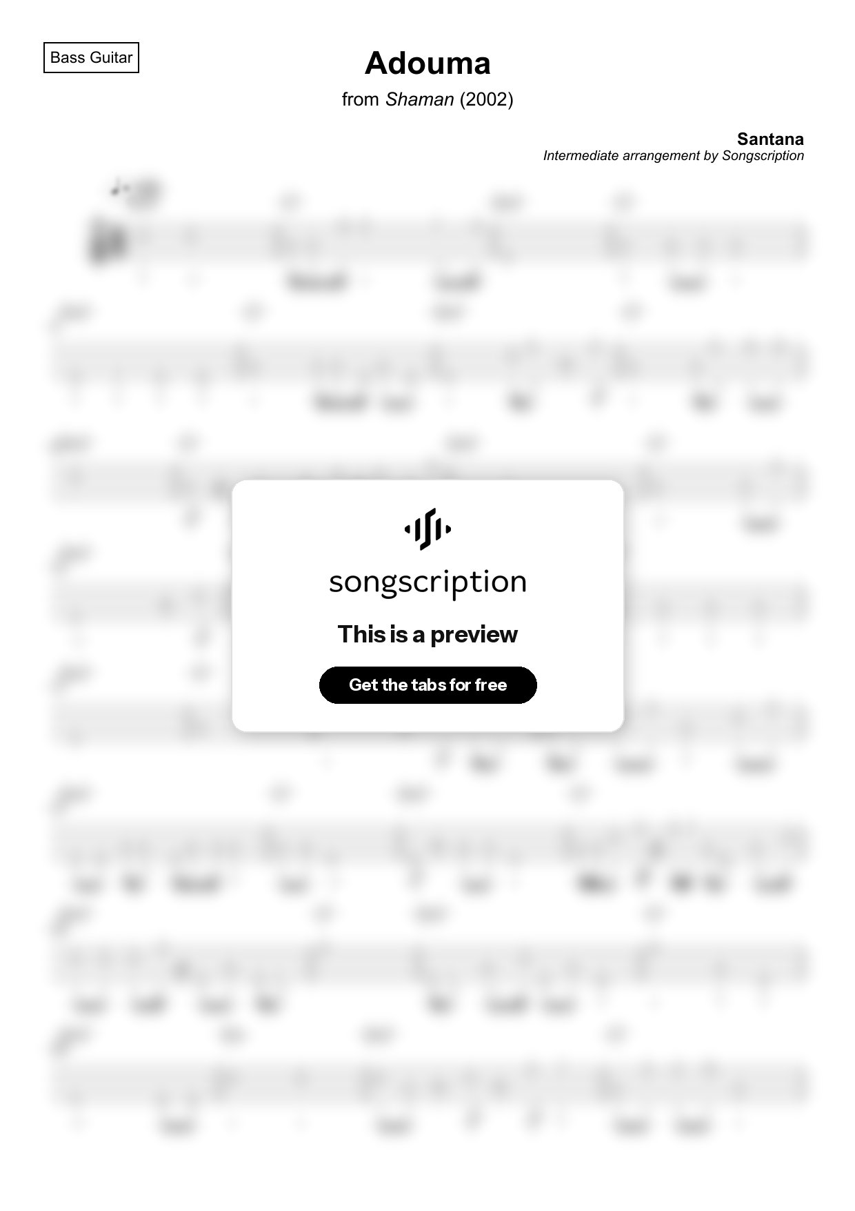 Intermediate Bass Guitar Tabs for "Adouma" by Santana