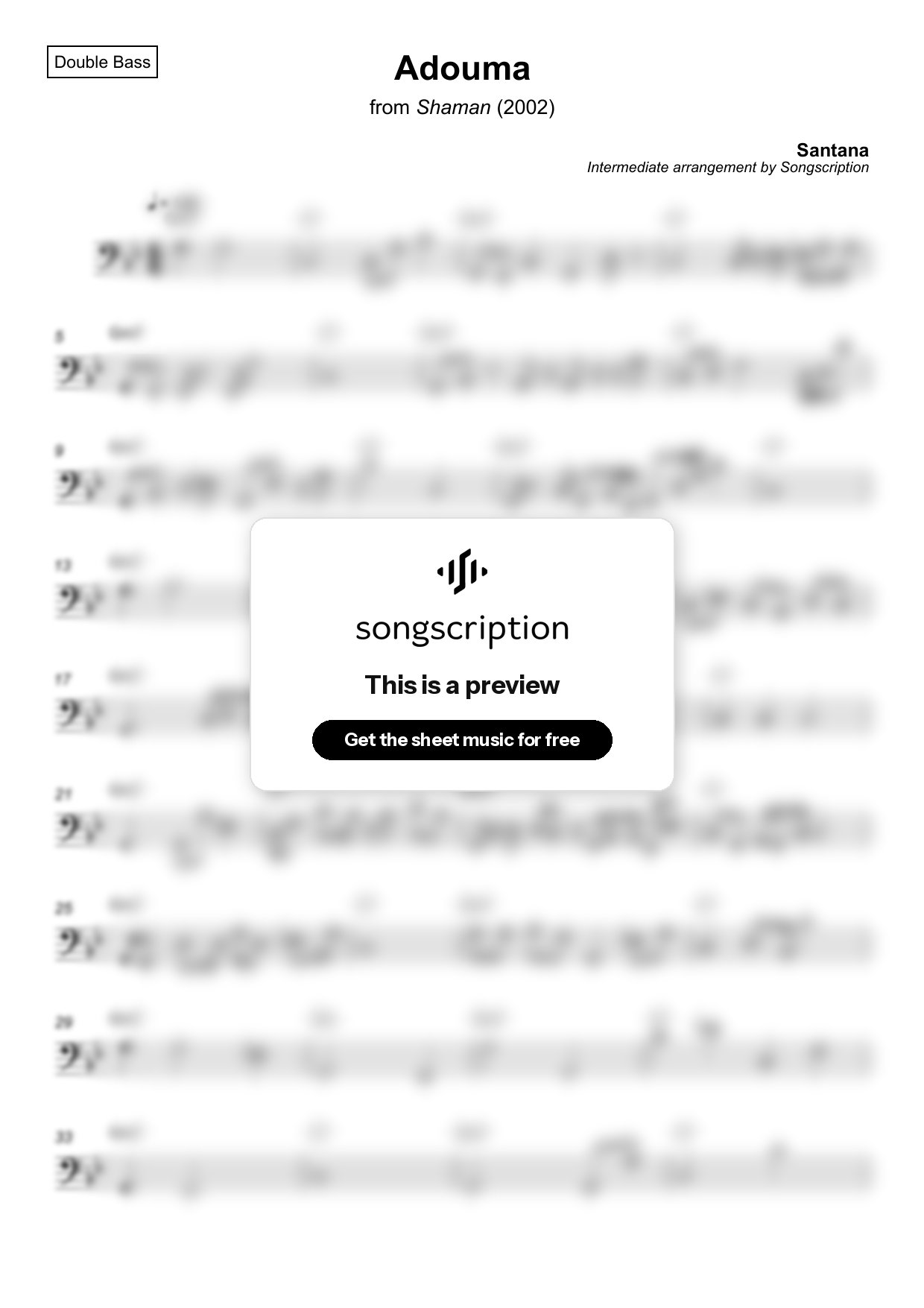 Intermediate Double Bass Sheet Music for "Adouma" by Santana