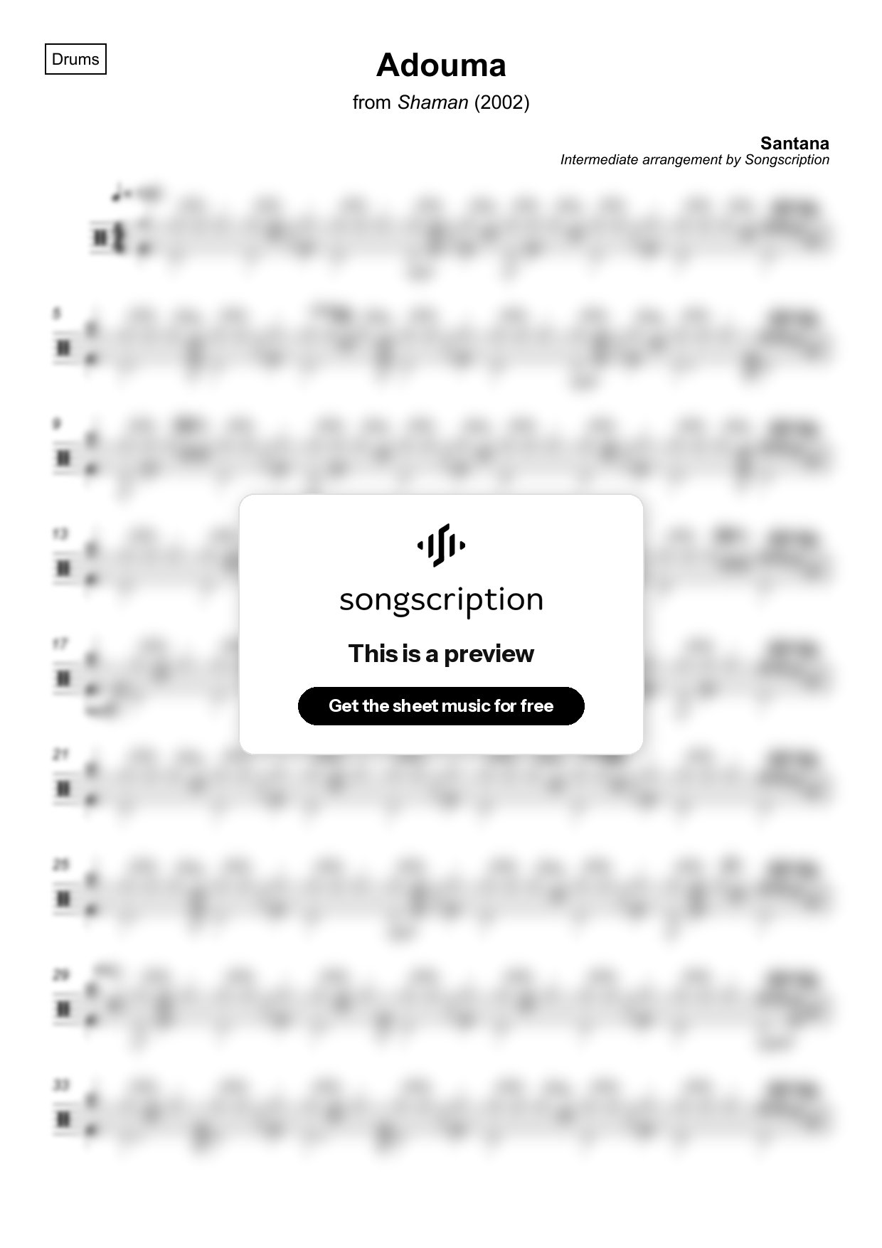 Intermediate Drums Sheet Music for "Adouma" by Santana
