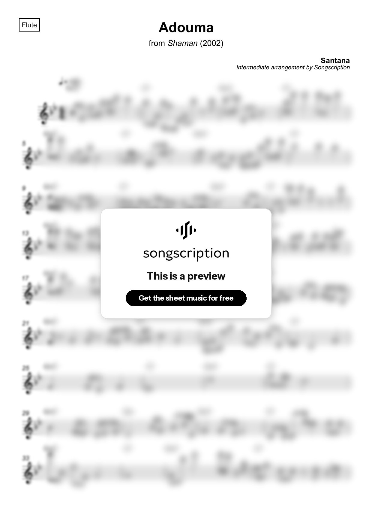 Intermediate Flute Sheet Music for "Adouma" by Santana