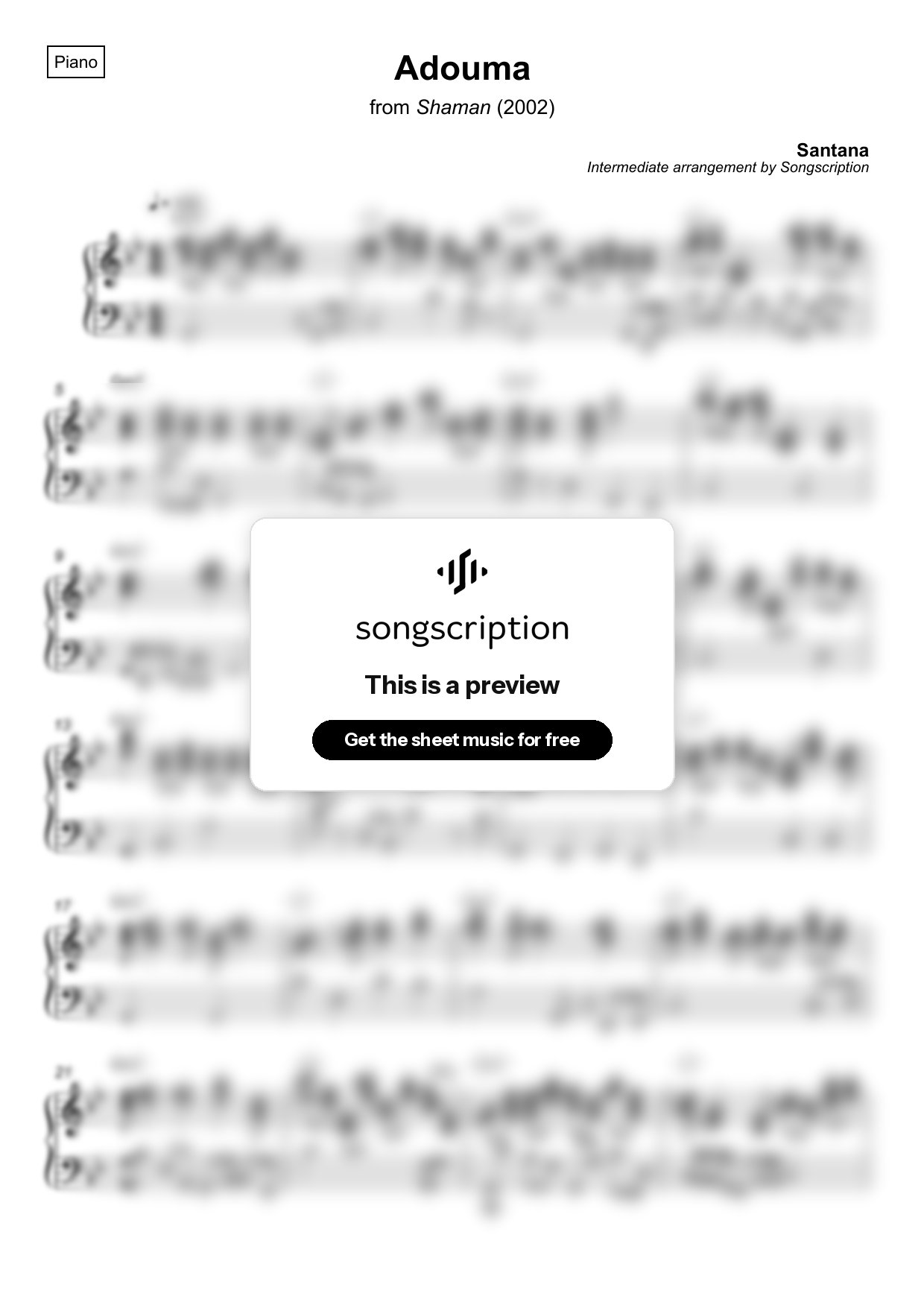 Intermediate Piano Sheet Music for "Adouma" by Santana