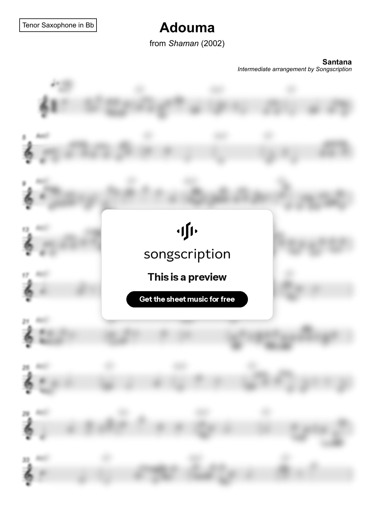 Intermediate Tenor Sax Sheet Music for "Adouma" by Santana