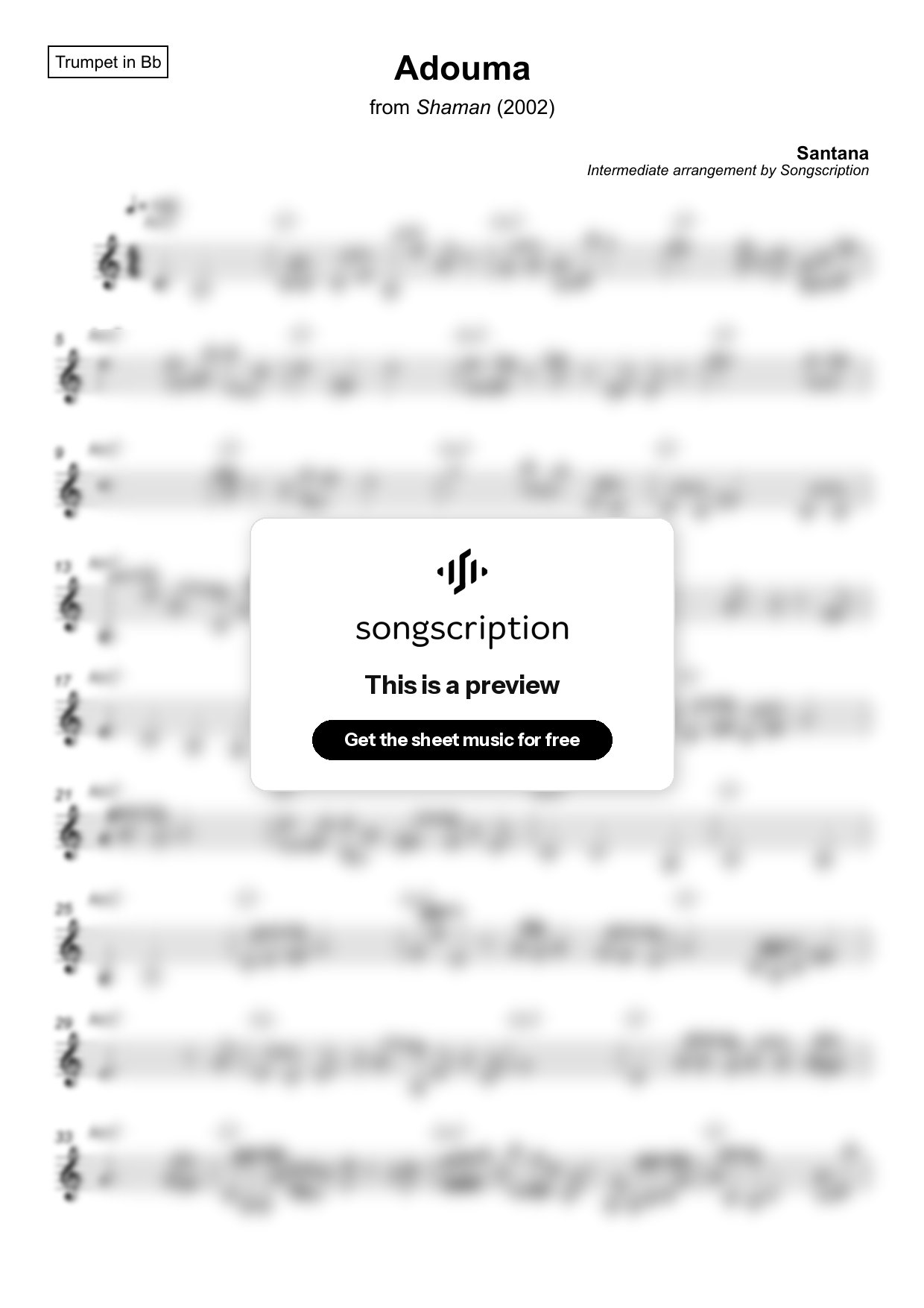 Intermediate Trumpet Sheet Music for "Adouma" by Santana