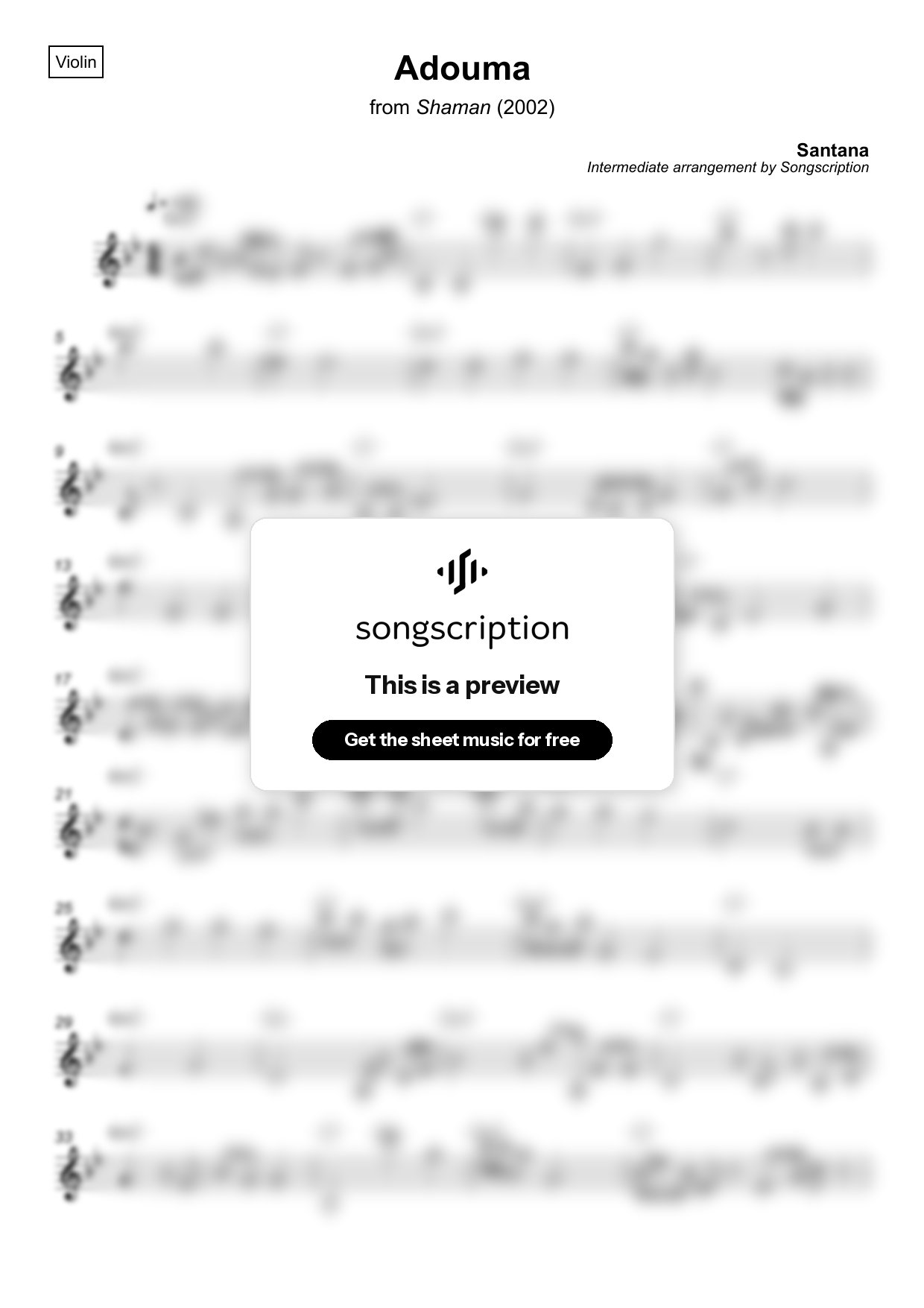 Intermediate Violin Sheet Music for "Adouma" by Santana