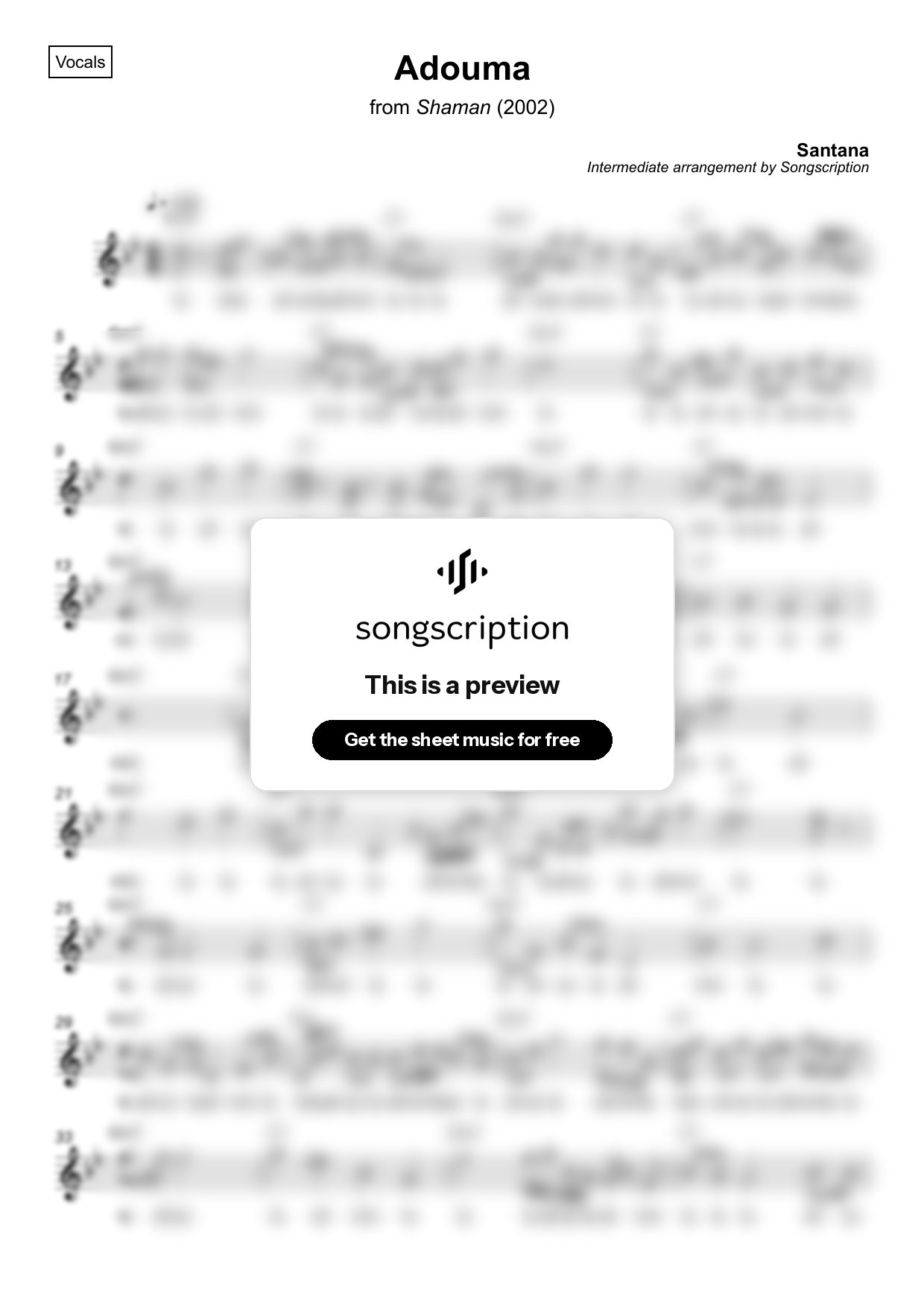 Intermediate Vocals Sheet Music for "Adouma" by Santana