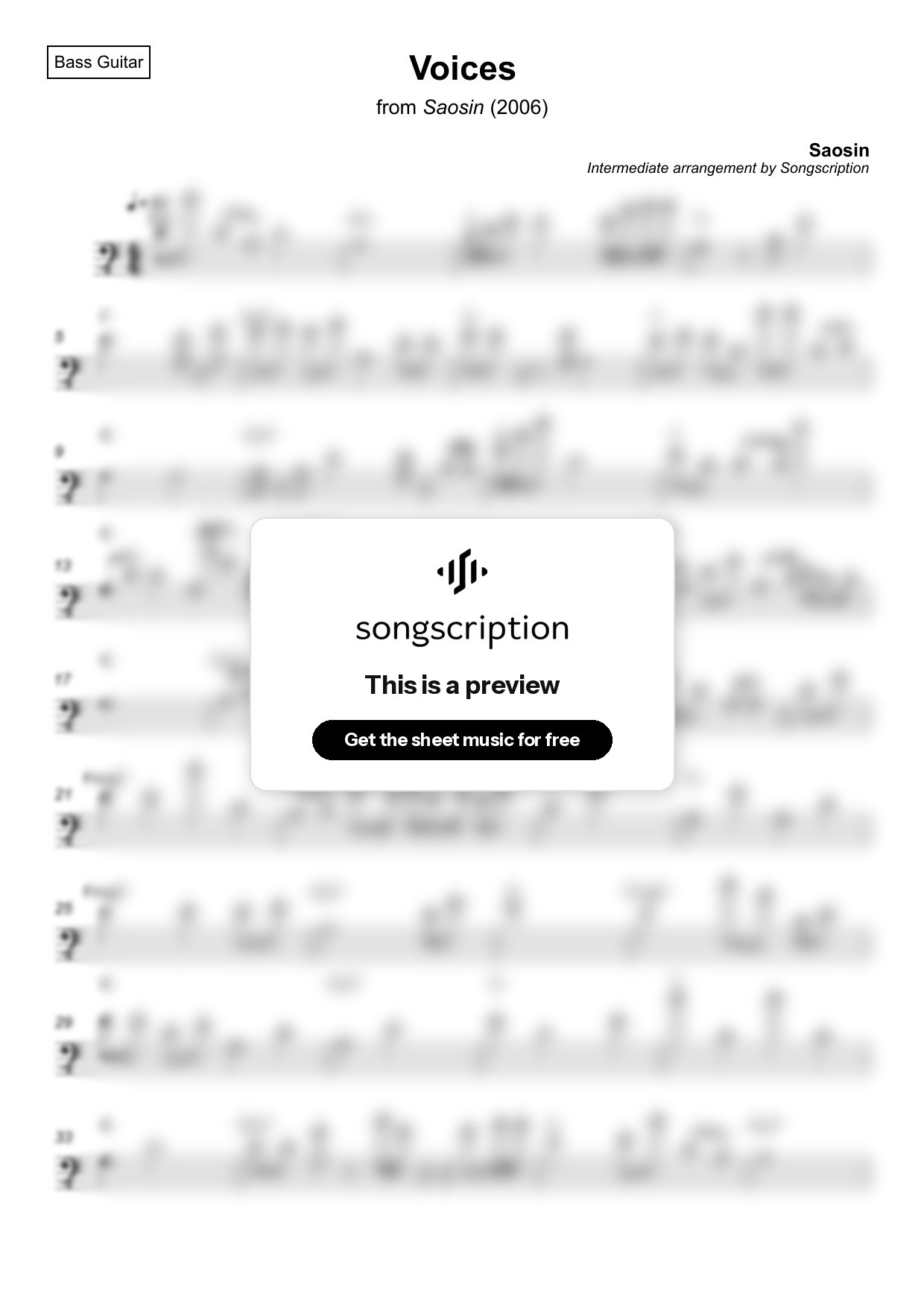 Intermediate Bass Guitar Sheet Music for "Voices" by Saosin