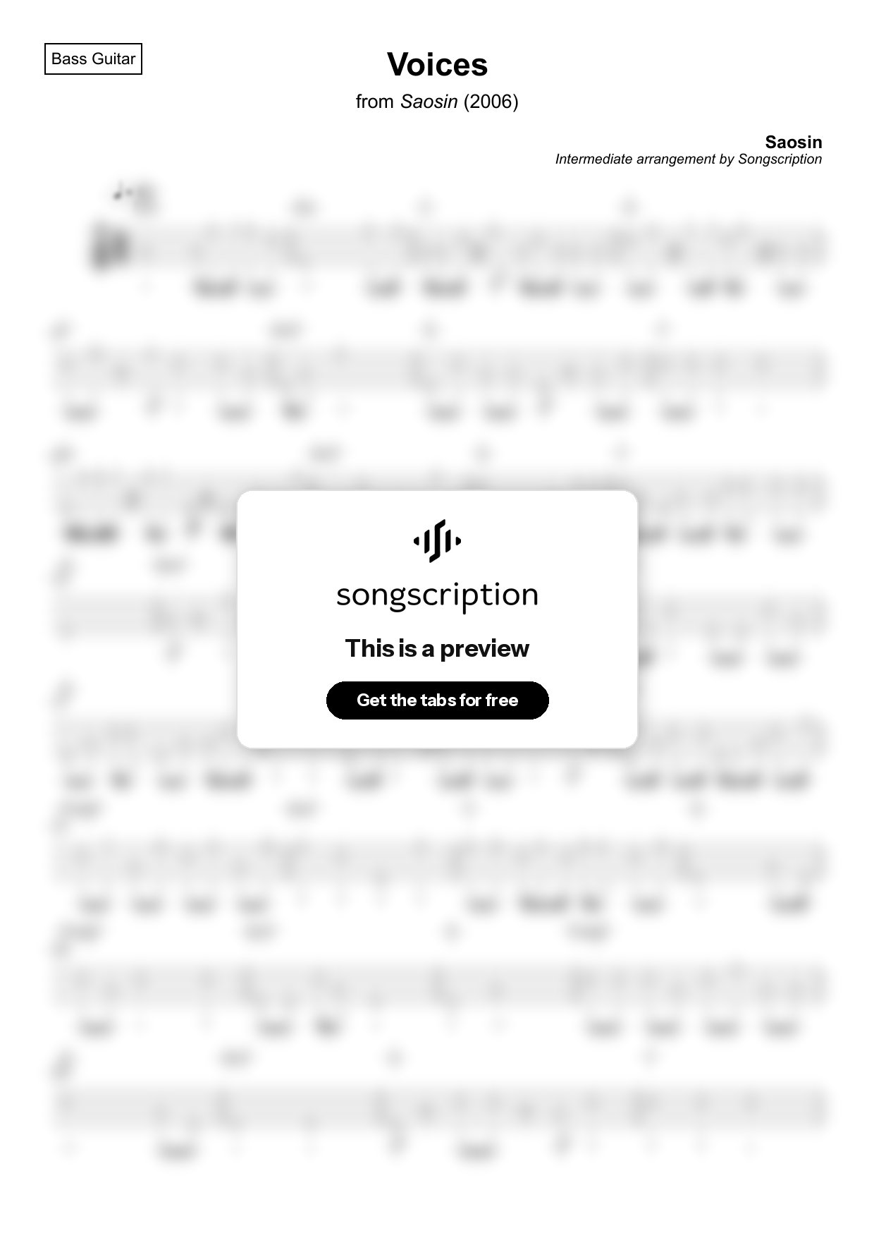 Intermediate Bass Guitar Tabs for "Voices" by Saosin