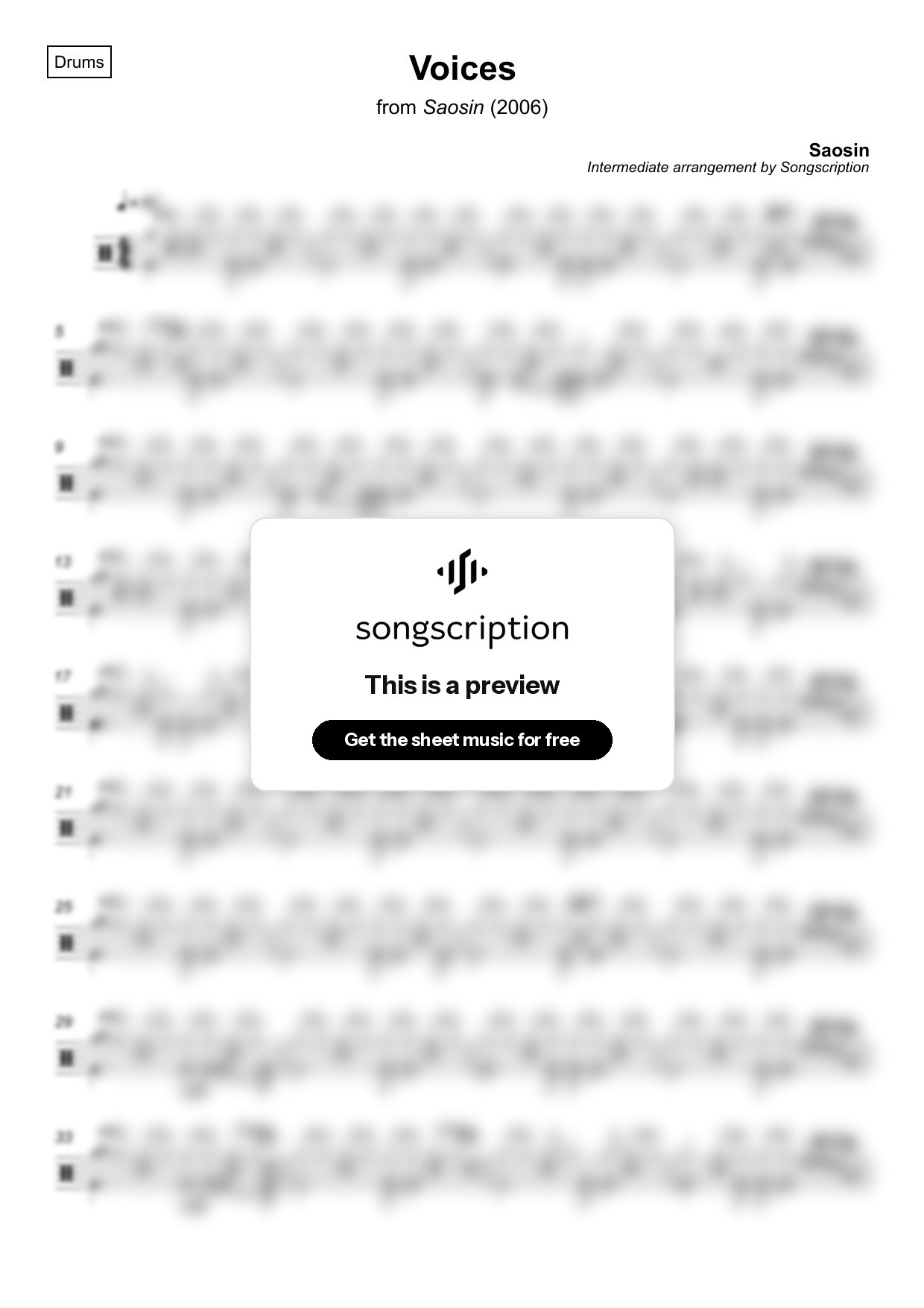 Intermediate Drums Sheet Music for "Voices" by Saosin