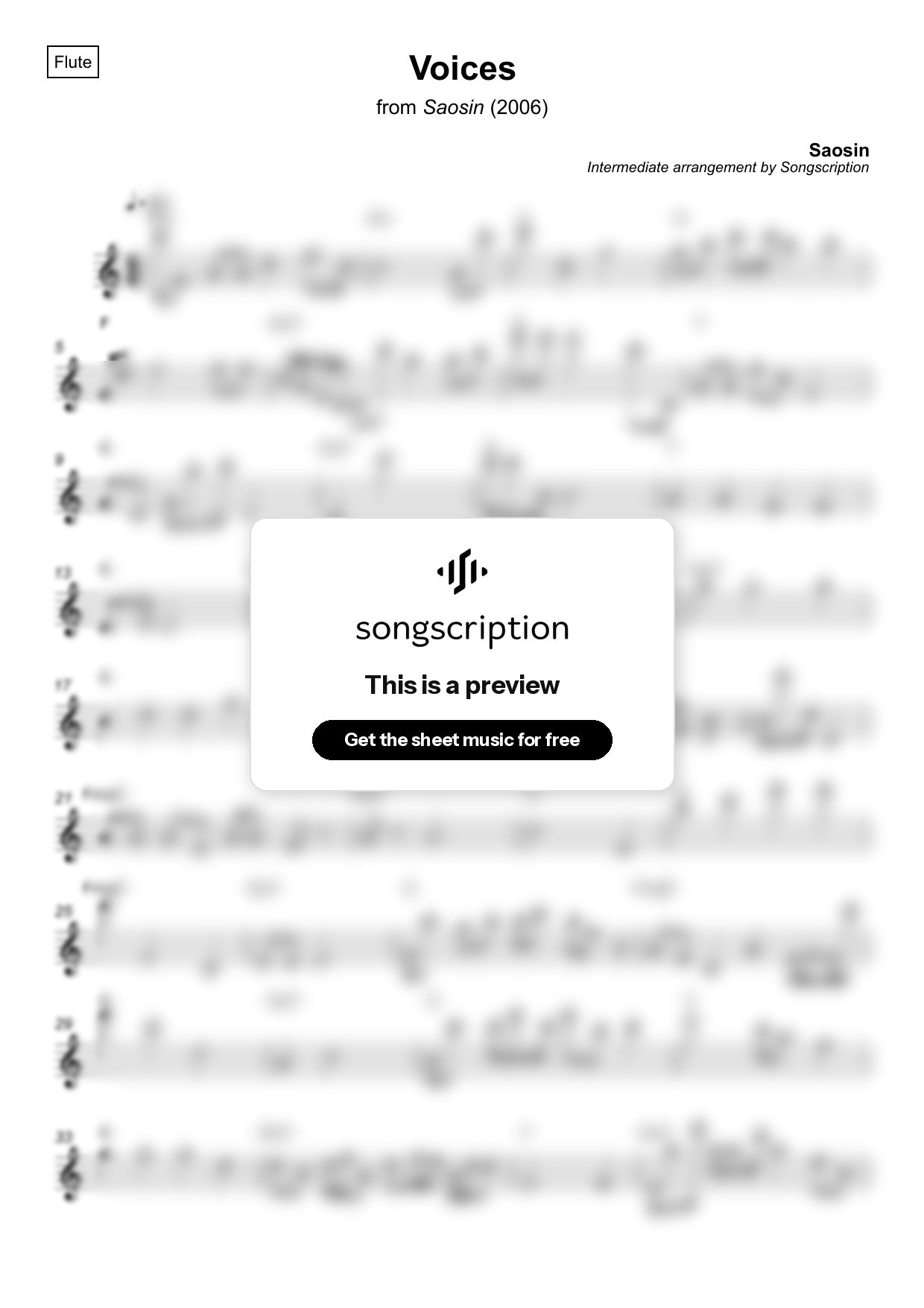 Intermediate Flute Sheet Music for "Voices" by Saosin