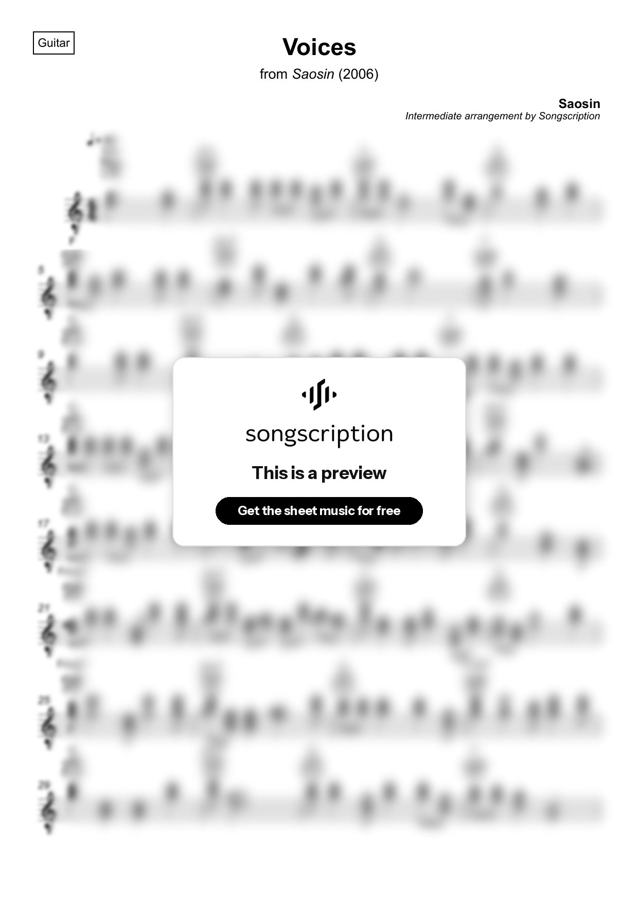 Intermediate Acoustic Guitar Sheet Music for "Voices" by Saosin