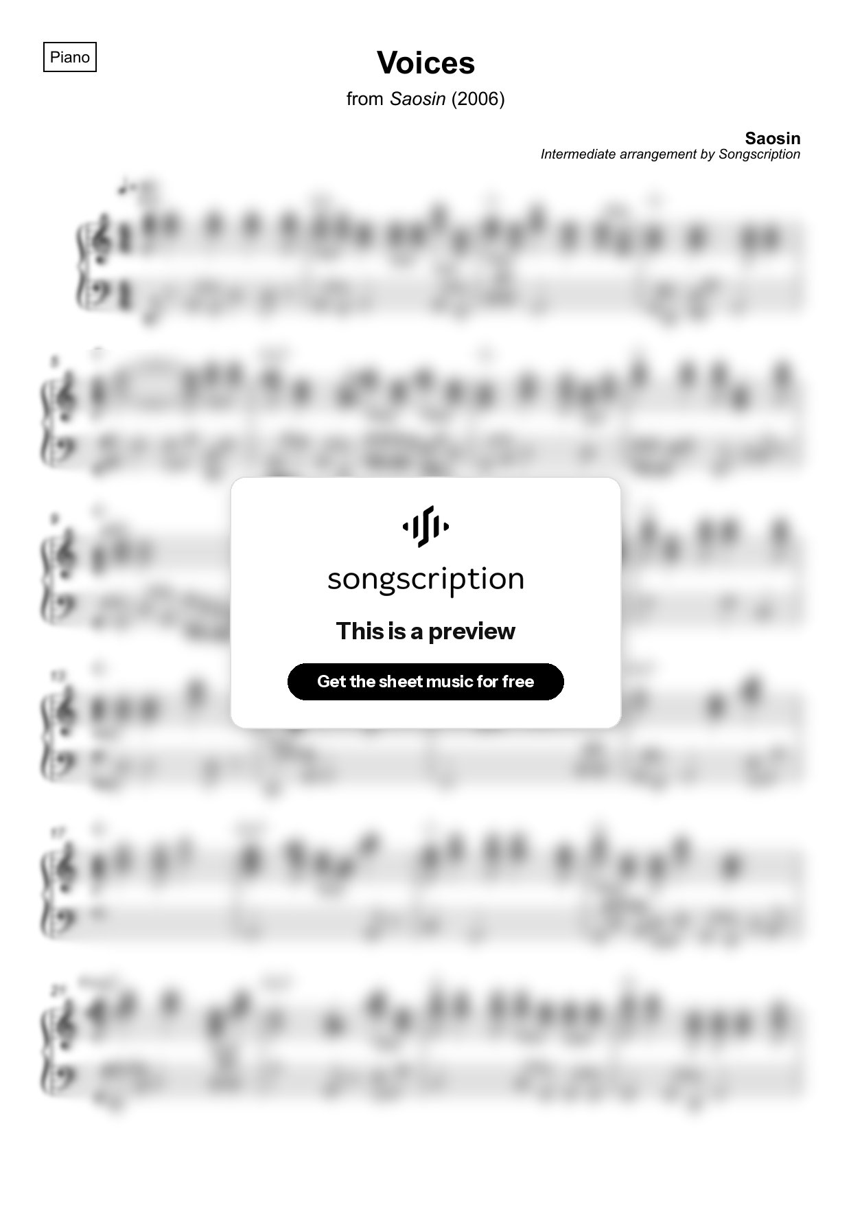 Intermediate Piano Sheet Music for "Voices" by Saosin