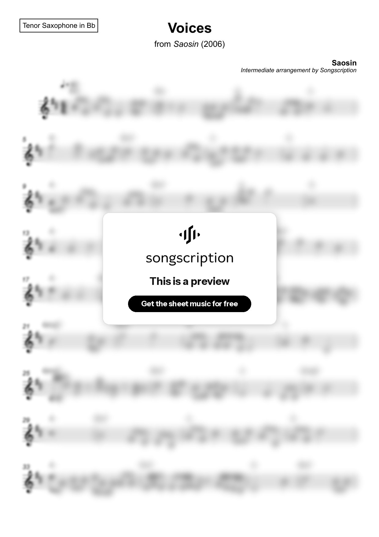 Intermediate Tenor Sax Sheet Music for "Voices" by Saosin