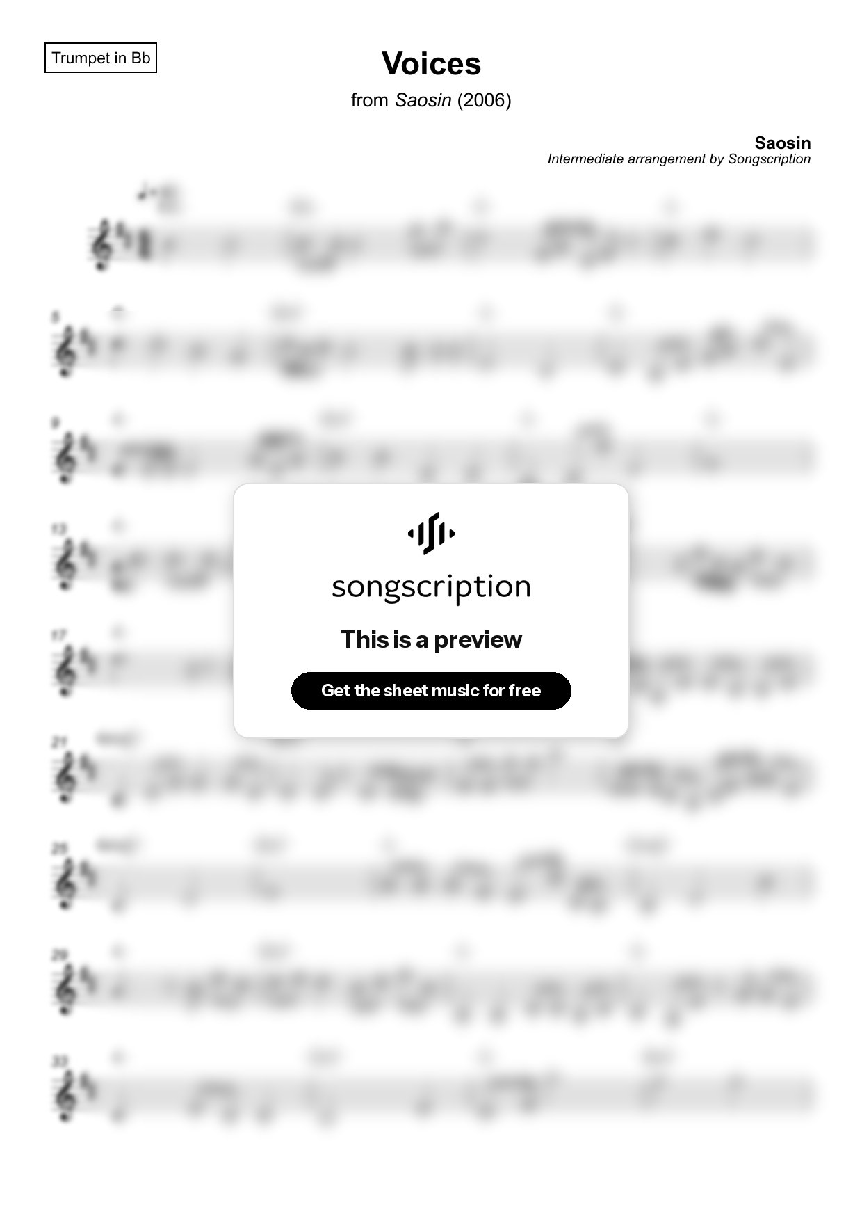 Intermediate Trumpet Sheet Music for "Voices" by Saosin