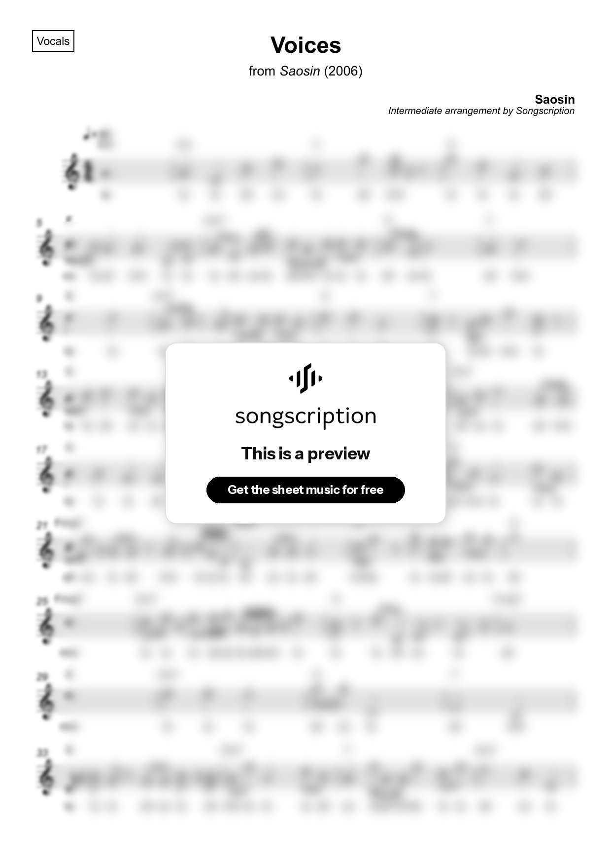 Intermediate Vocals Sheet Music for "Voices" by Saosin