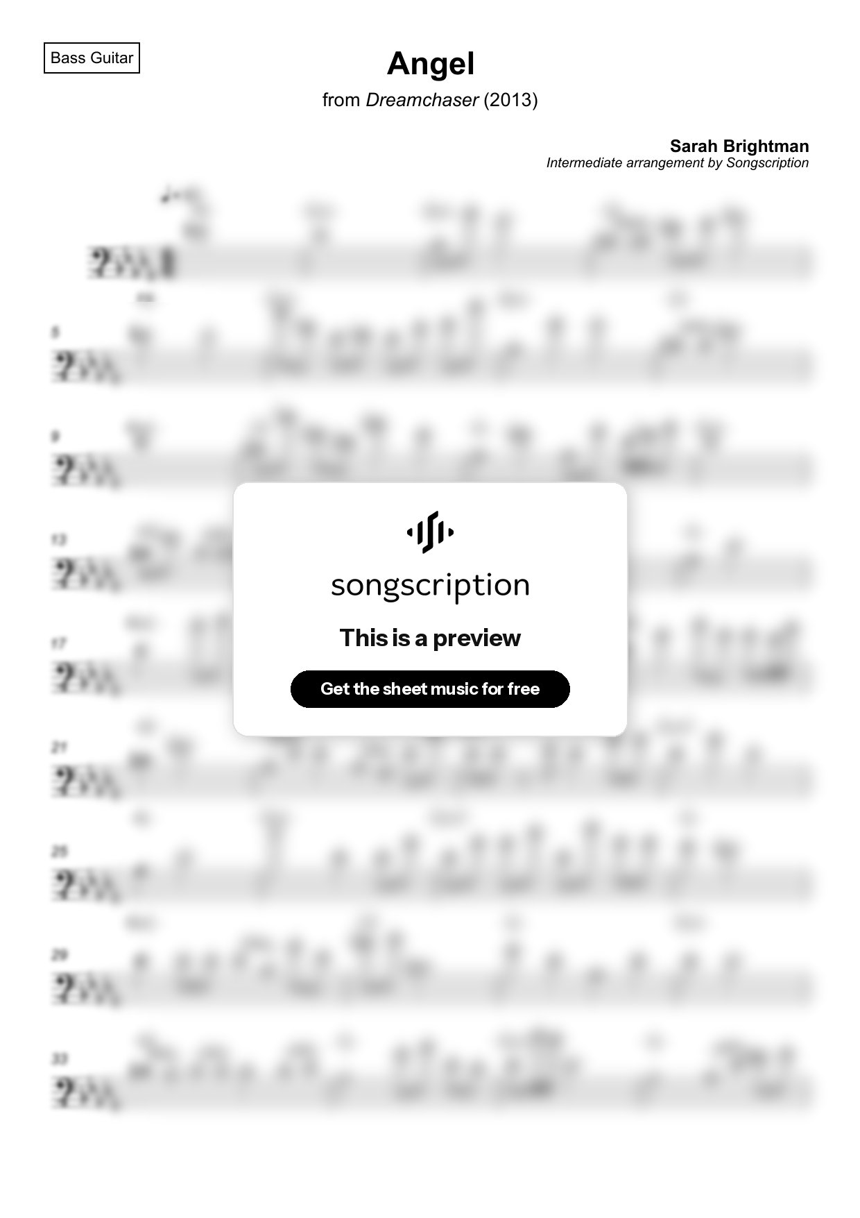 Intermediate Bass Guitar Sheet Music for "Angel" by Sarah Brightman