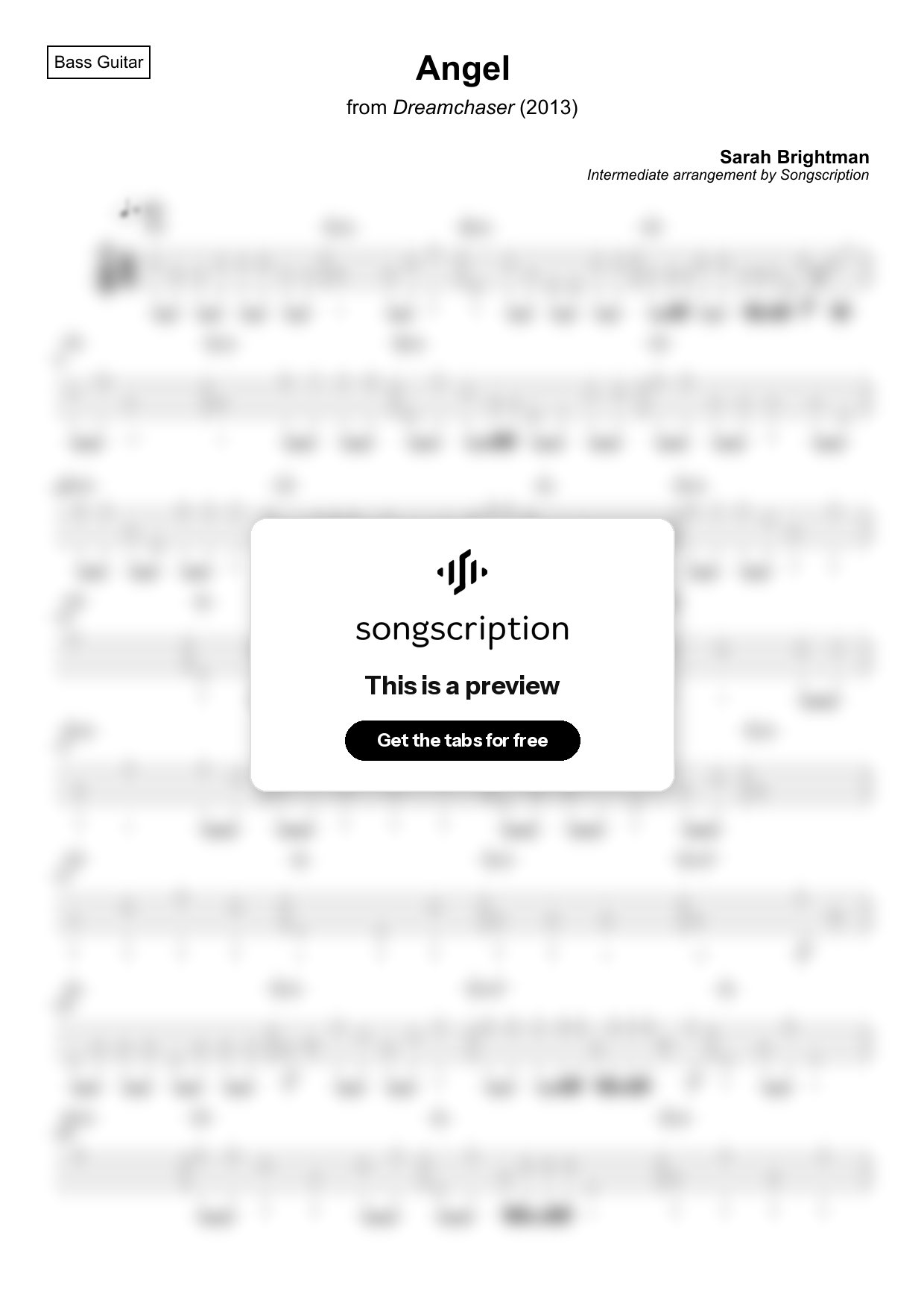 Intermediate Bass Guitar Tabs for "Angel" by Sarah Brightman