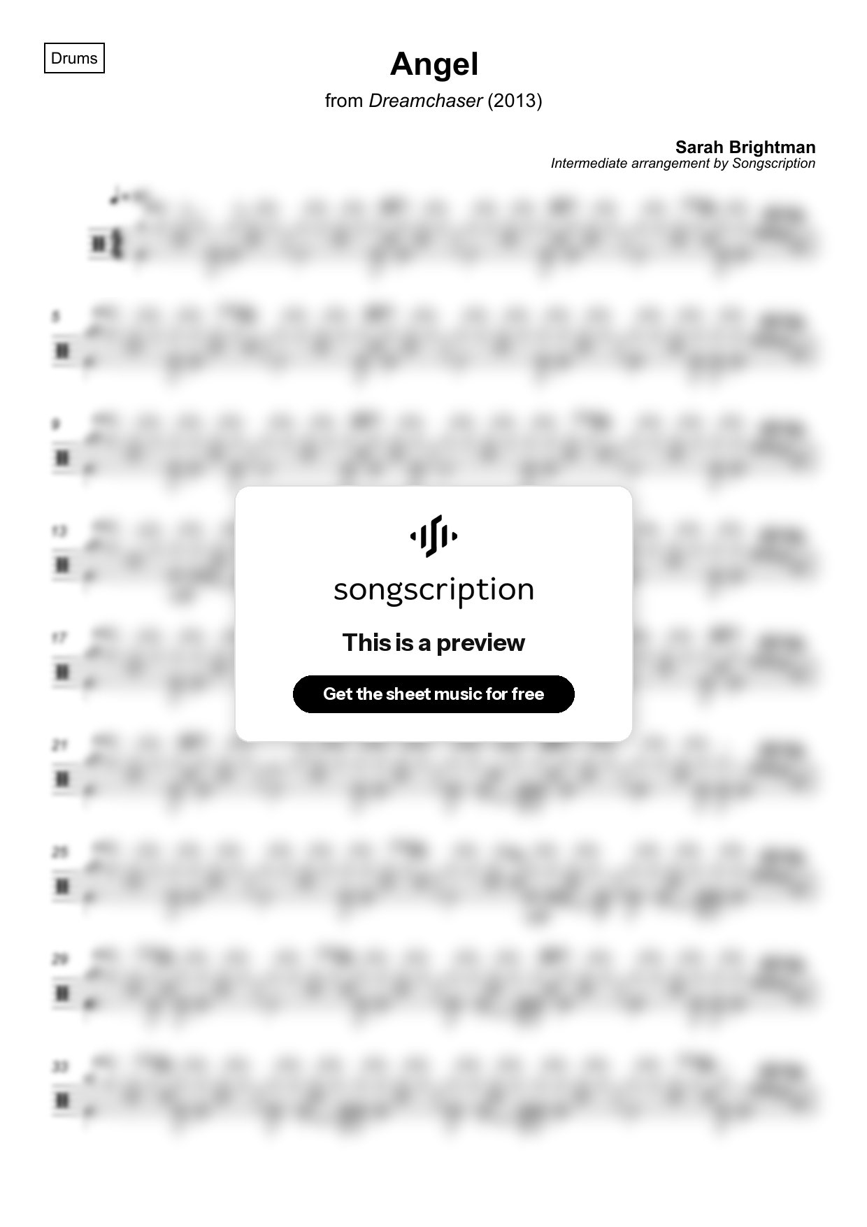 Intermediate Drums Sheet Music for "Angel" by Sarah Brightman