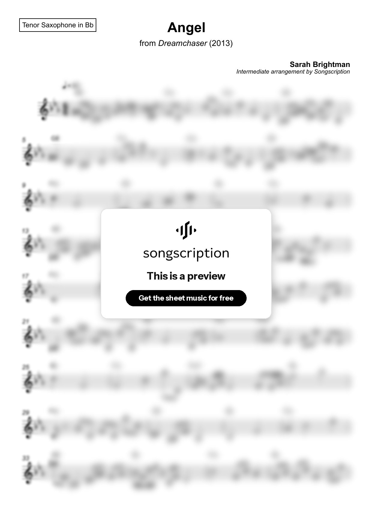 Intermediate Tenor Sax Sheet Music for "Angel" by Sarah Brightman