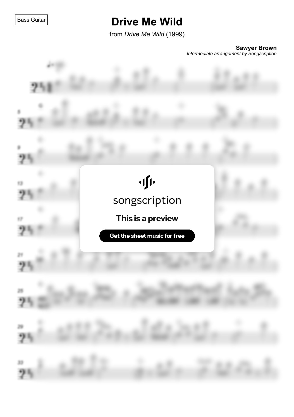 Intermediate Bass Guitar Sheet Music for "Drive Me Wild" by Sawyer Brown