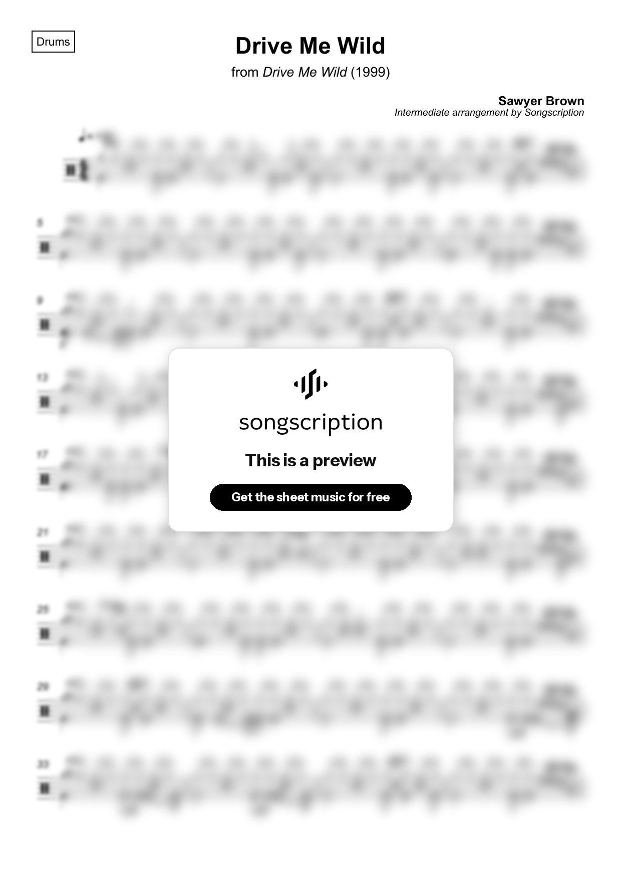 Intermediate Drums Sheet Music for "Drive Me Wild" by Sawyer Brown