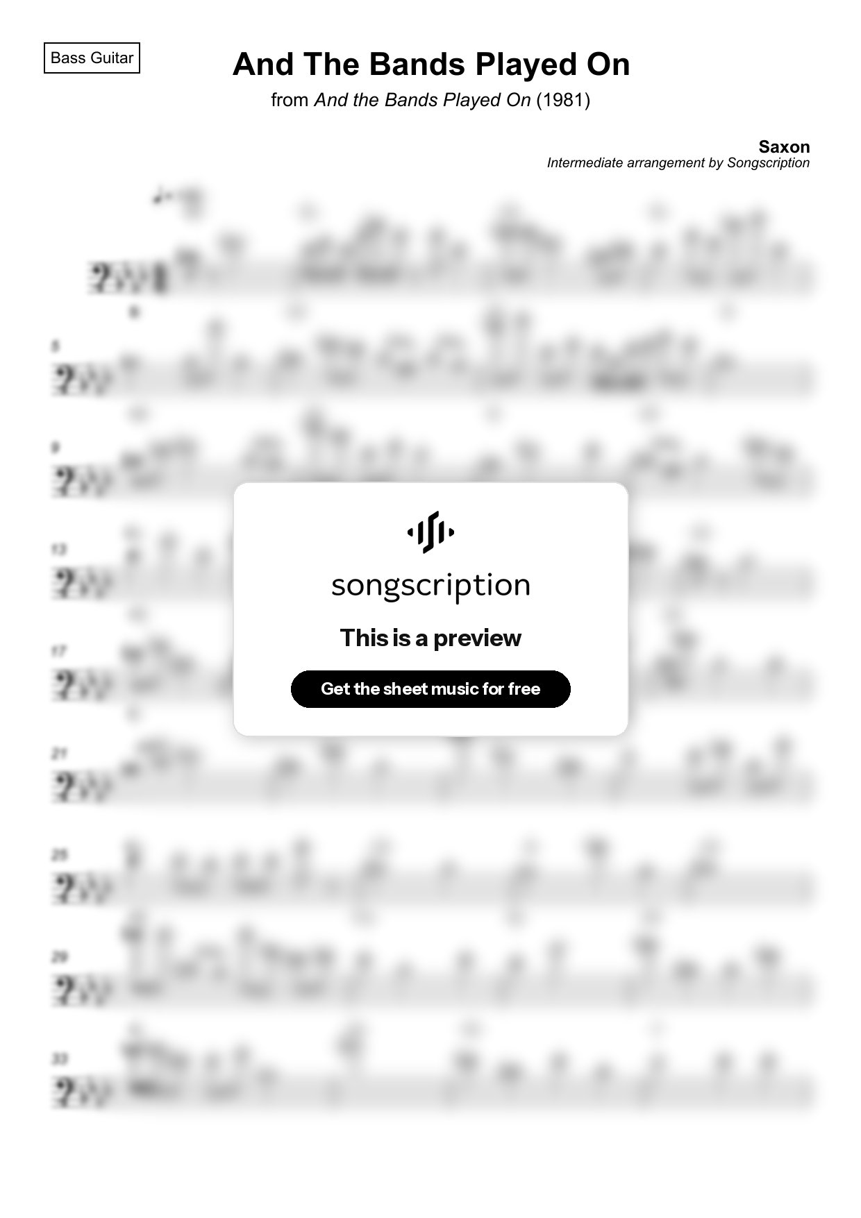 Intermediate Bass Guitar Sheet Music for "And The Bands Played On" by Saxon