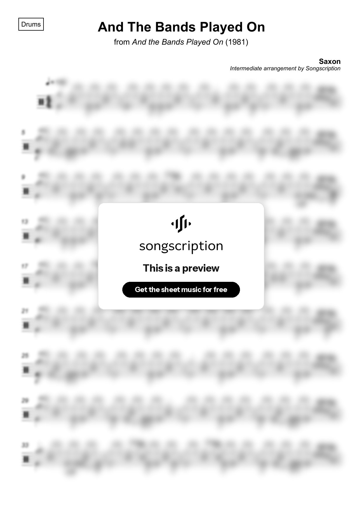 Intermediate Drums Sheet Music for "And The Bands Played On" by Saxon