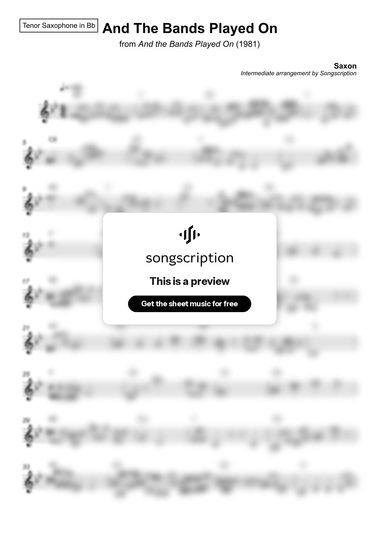 Intermediate Tenor Sax Sheet Music for "And The Bands Played On" by Saxon
