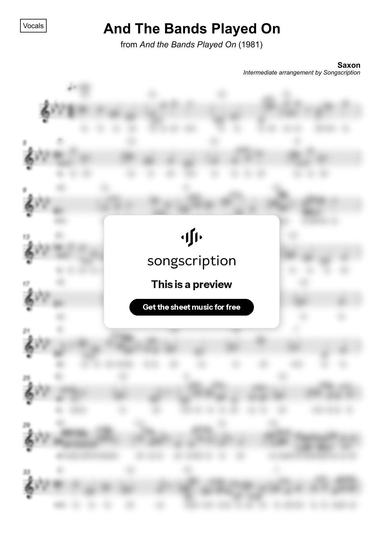 Intermediate Vocals Sheet Music for "And The Bands Played On" by Saxon