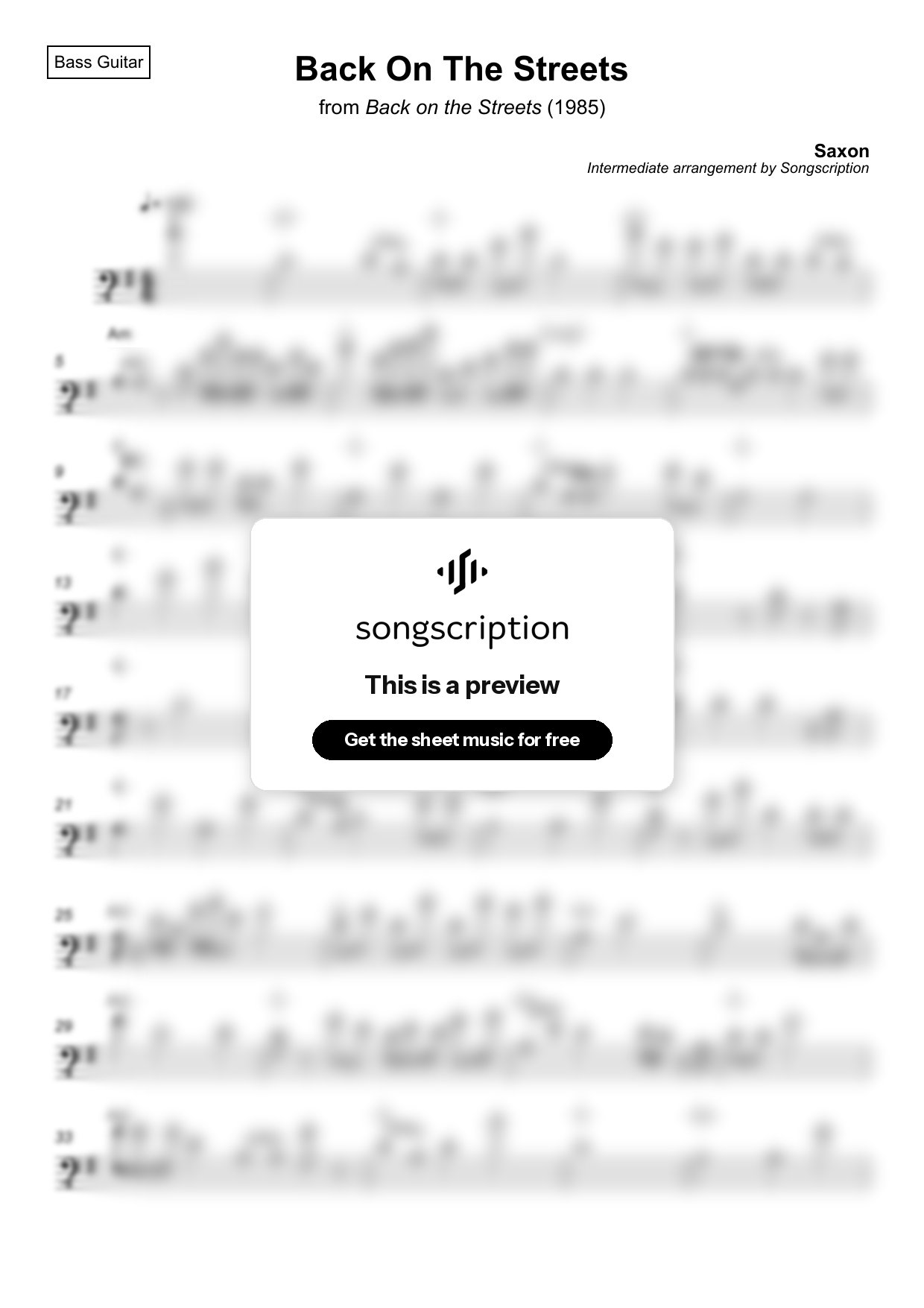 Intermediate Bass Guitar Sheet Music for "Back On The Streets" by Saxon