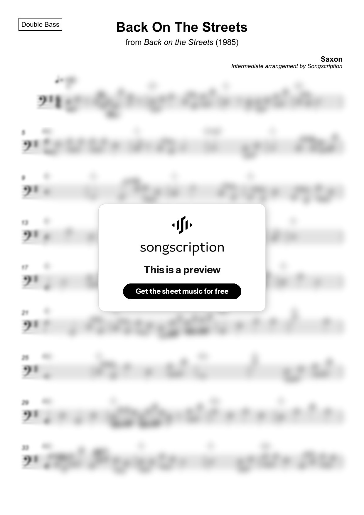 Intermediate Double Bass Sheet Music for "Back On The Streets" by Saxon