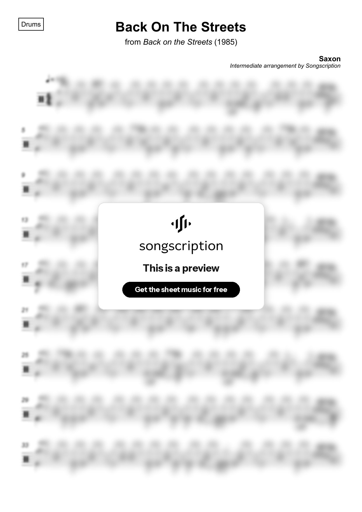 Intermediate Drums Sheet Music for "Back On The Streets" by Saxon