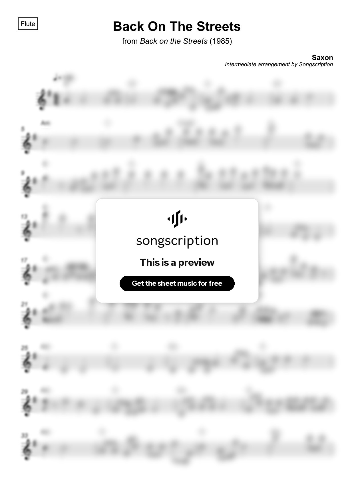 Intermediate Flute Sheet Music for "Back On The Streets" by Saxon