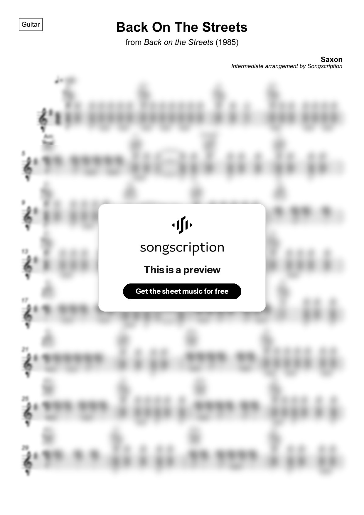 Intermediate Acoustic Guitar Sheet Music for "Back On The Streets" by Saxon